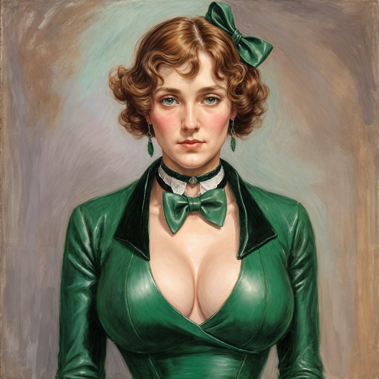 Woman with Curly Hair in Green Outfit and Accessories