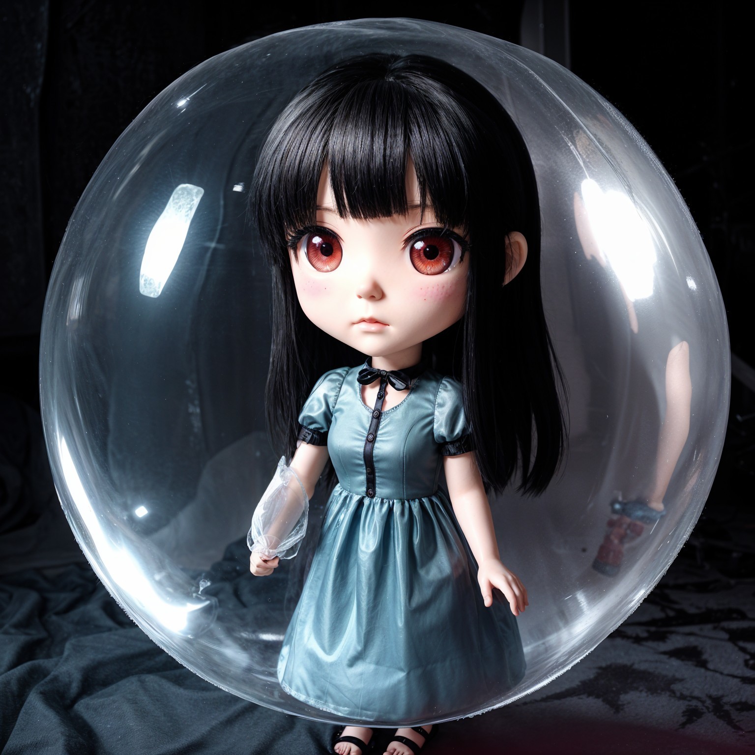 Doll with Black Hair and Red Eyes in Transparent Bubble