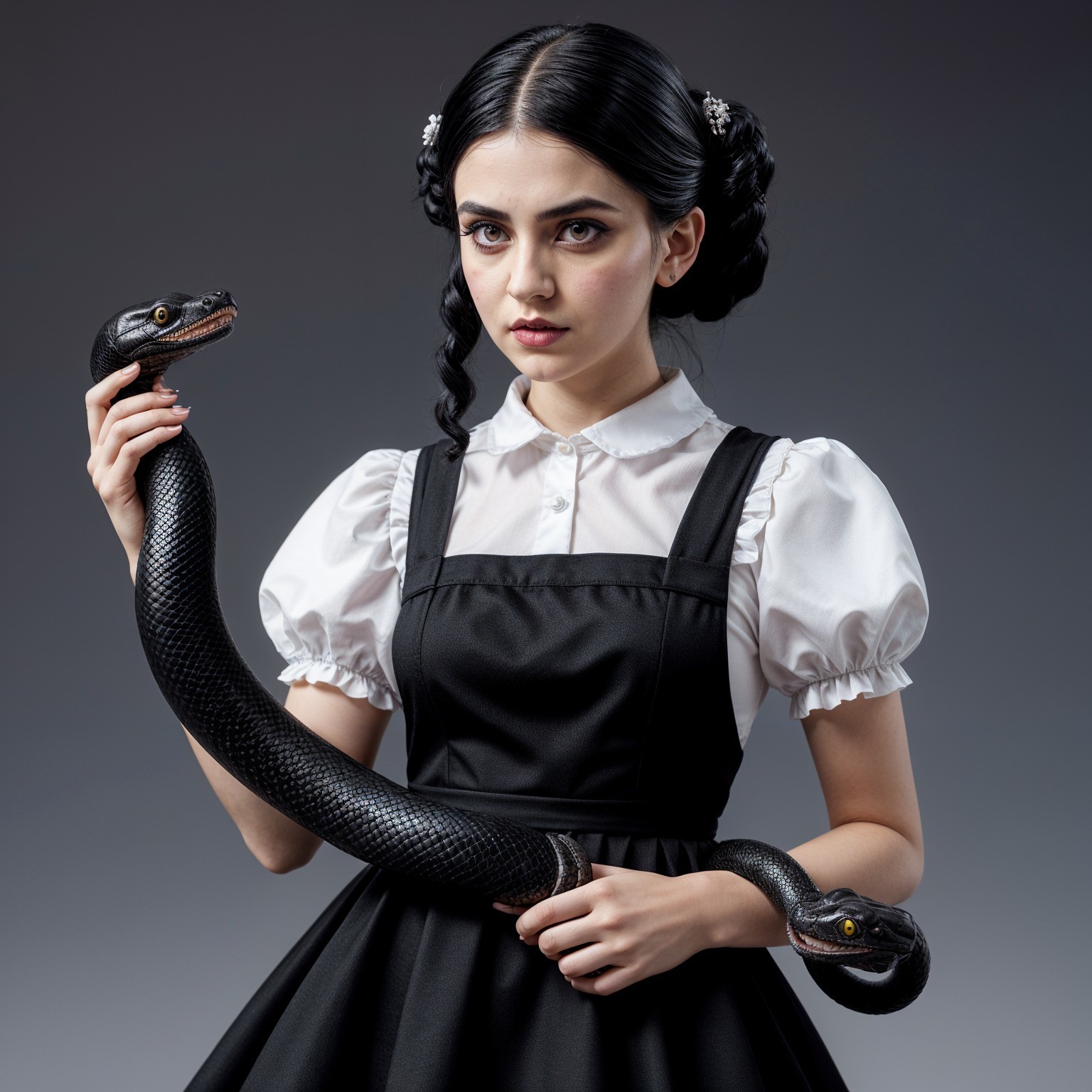 Young woman in black dress with snake on dark background