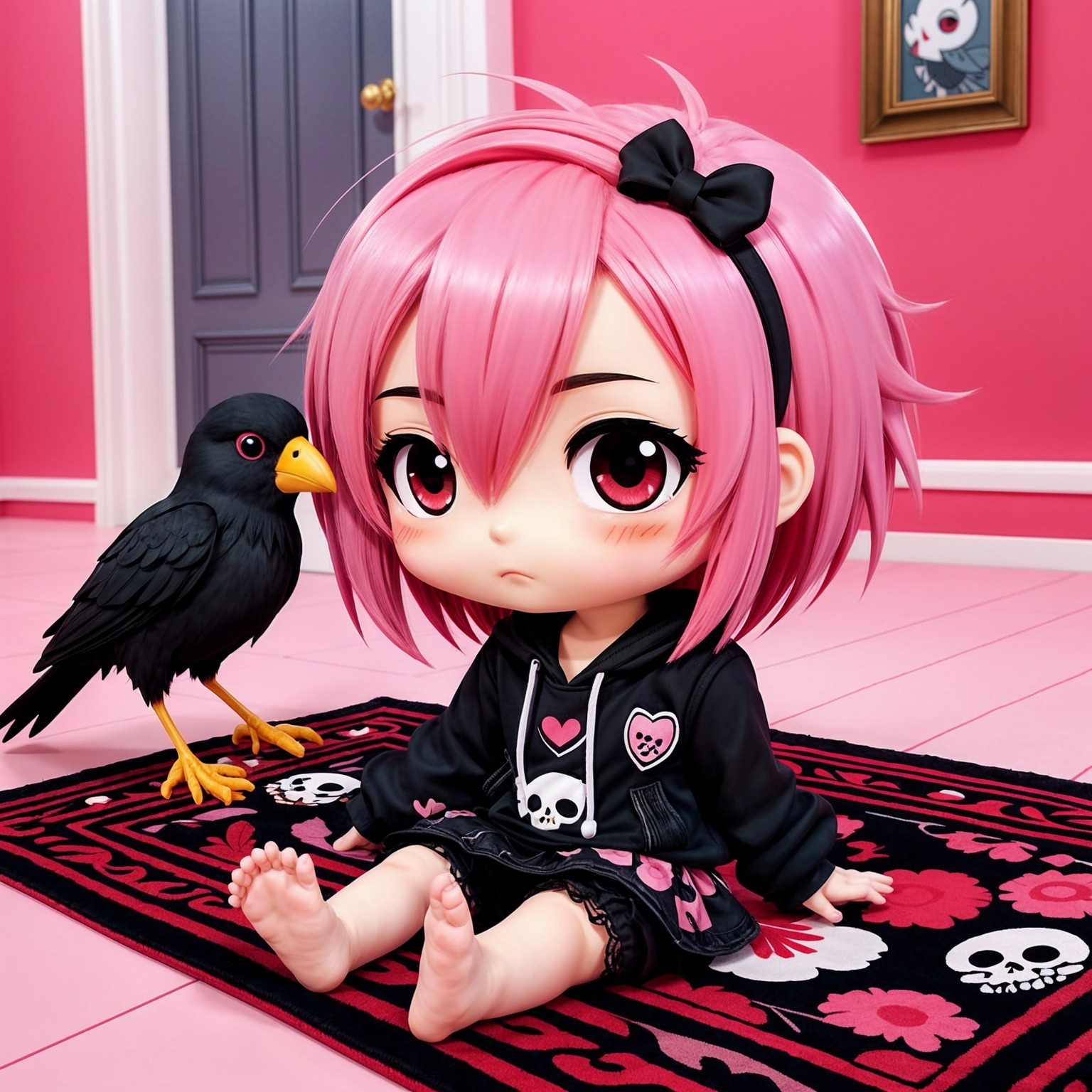 Chibi Character in Pastel Room with Black Bird