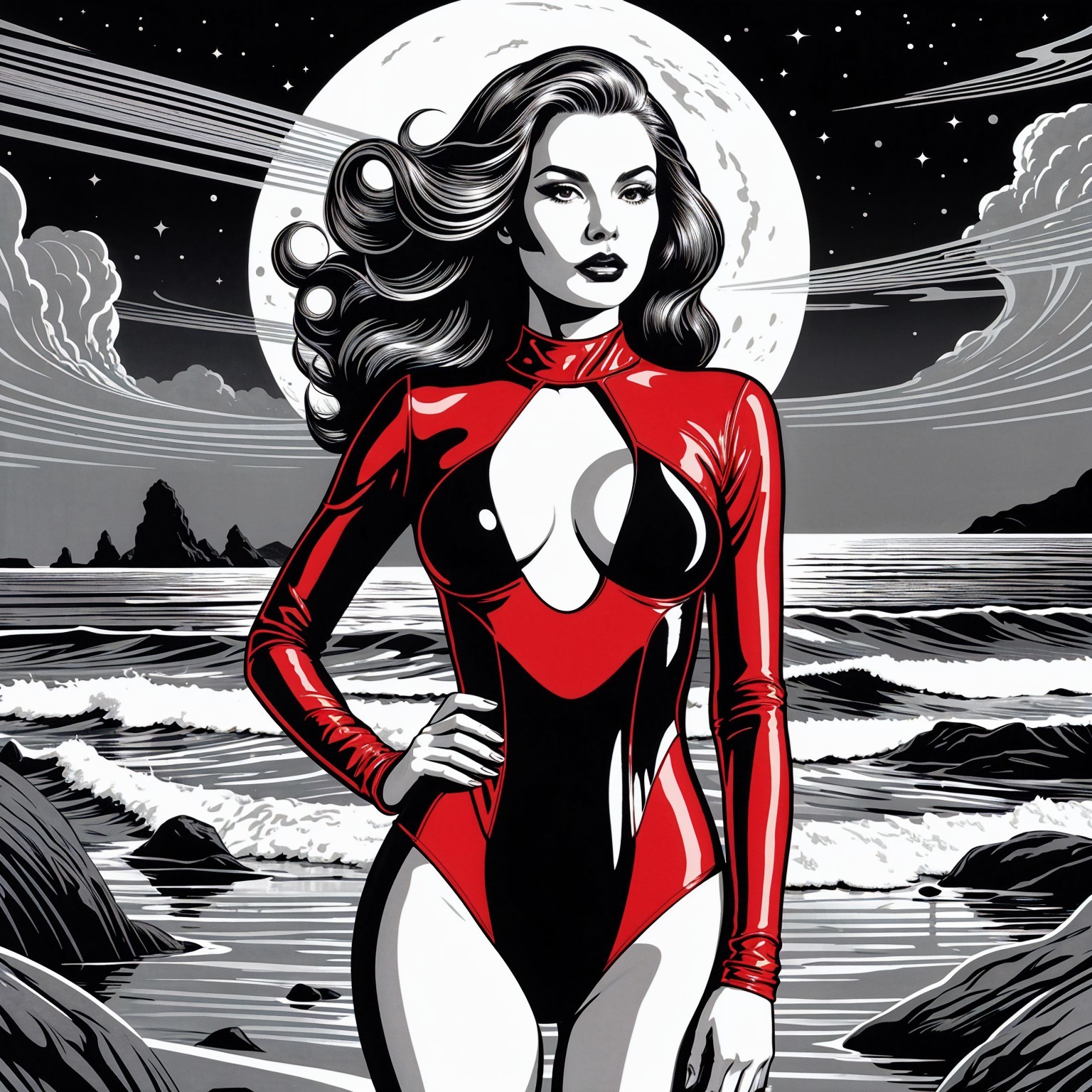 Bold Figure on Rocky Shoreline Under Full Moon
