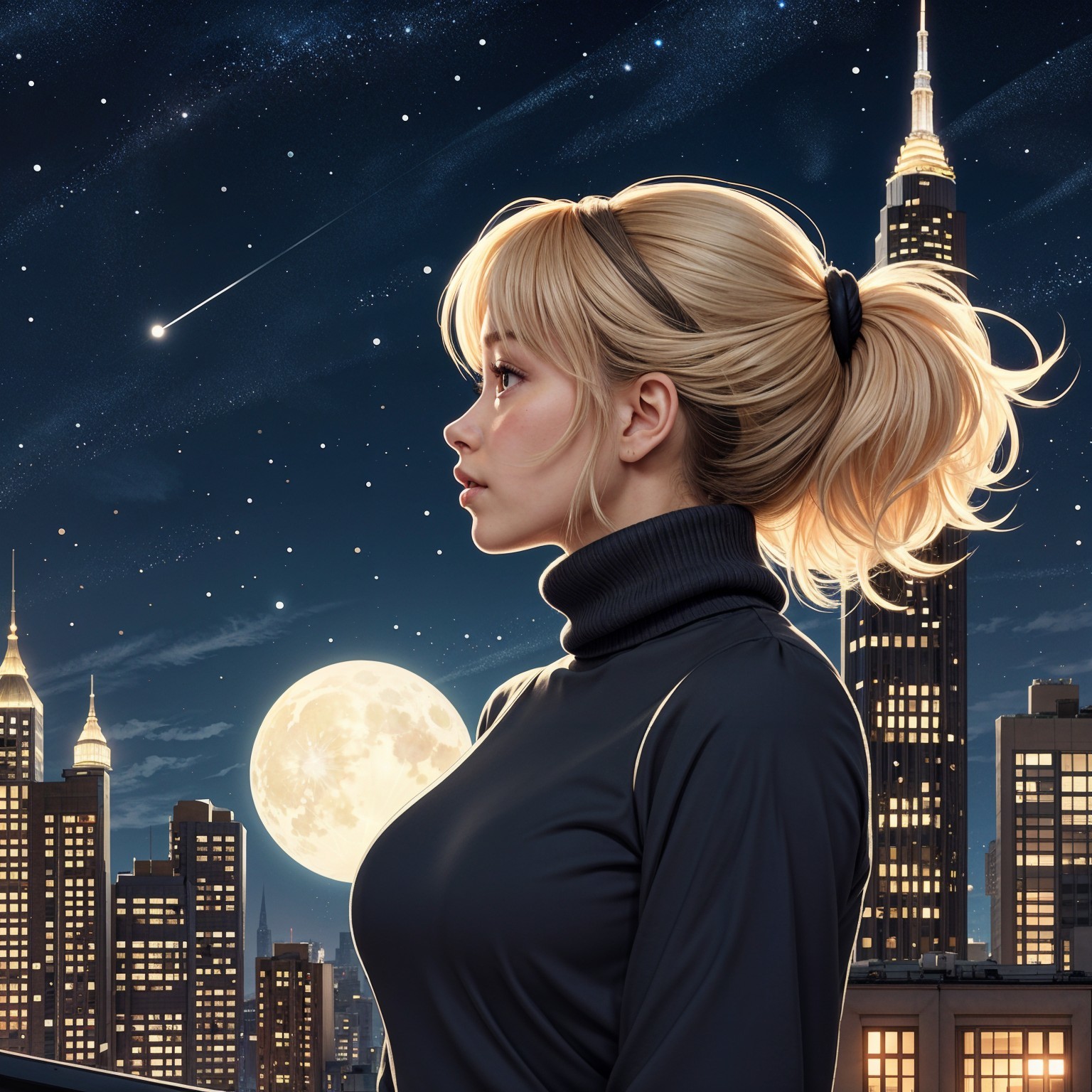 Young Woman Gazing at Moonlit City Skyline