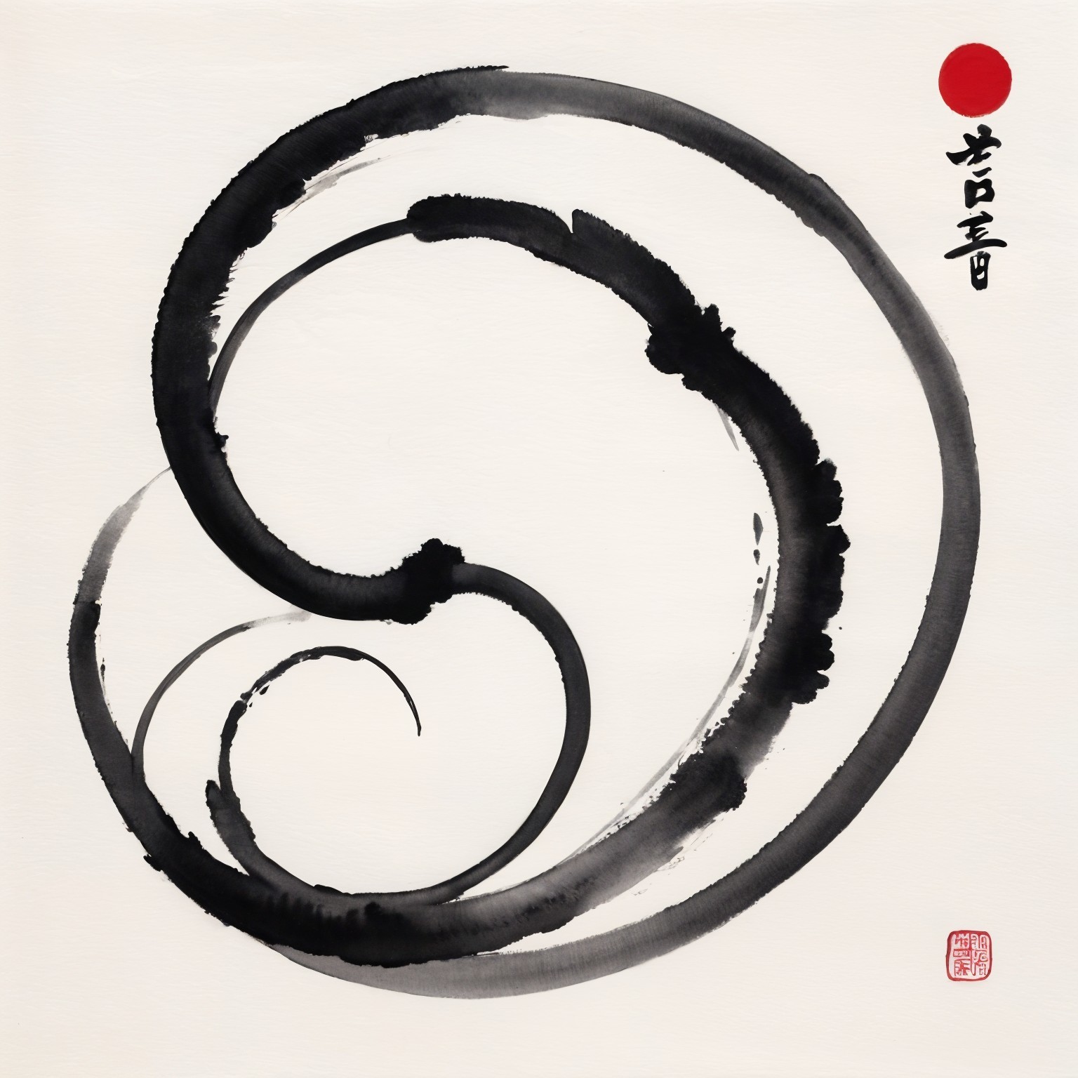 Minimalist Artwork with Black Brushstroke and Red Circle