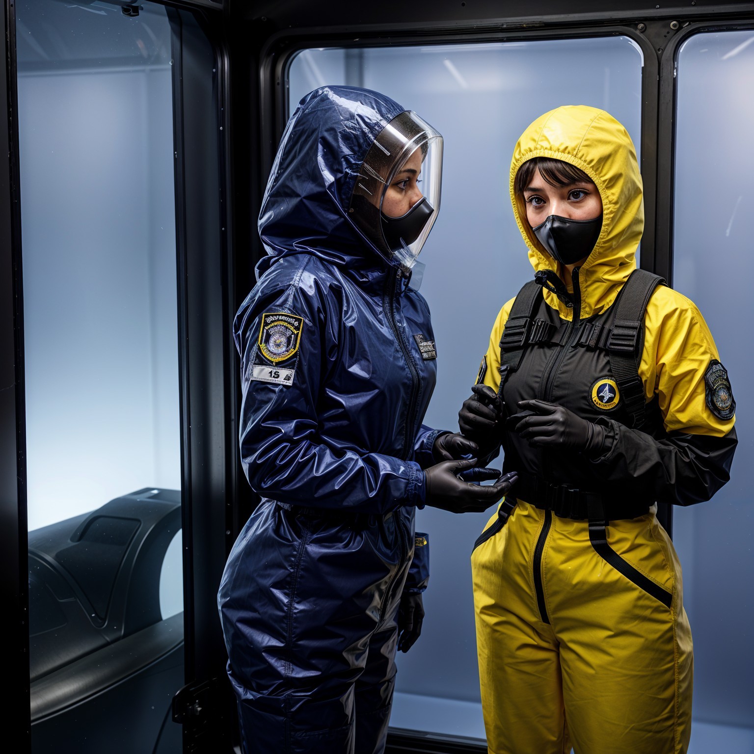 Futuristic Scene of Two Individuals in Protective Suits