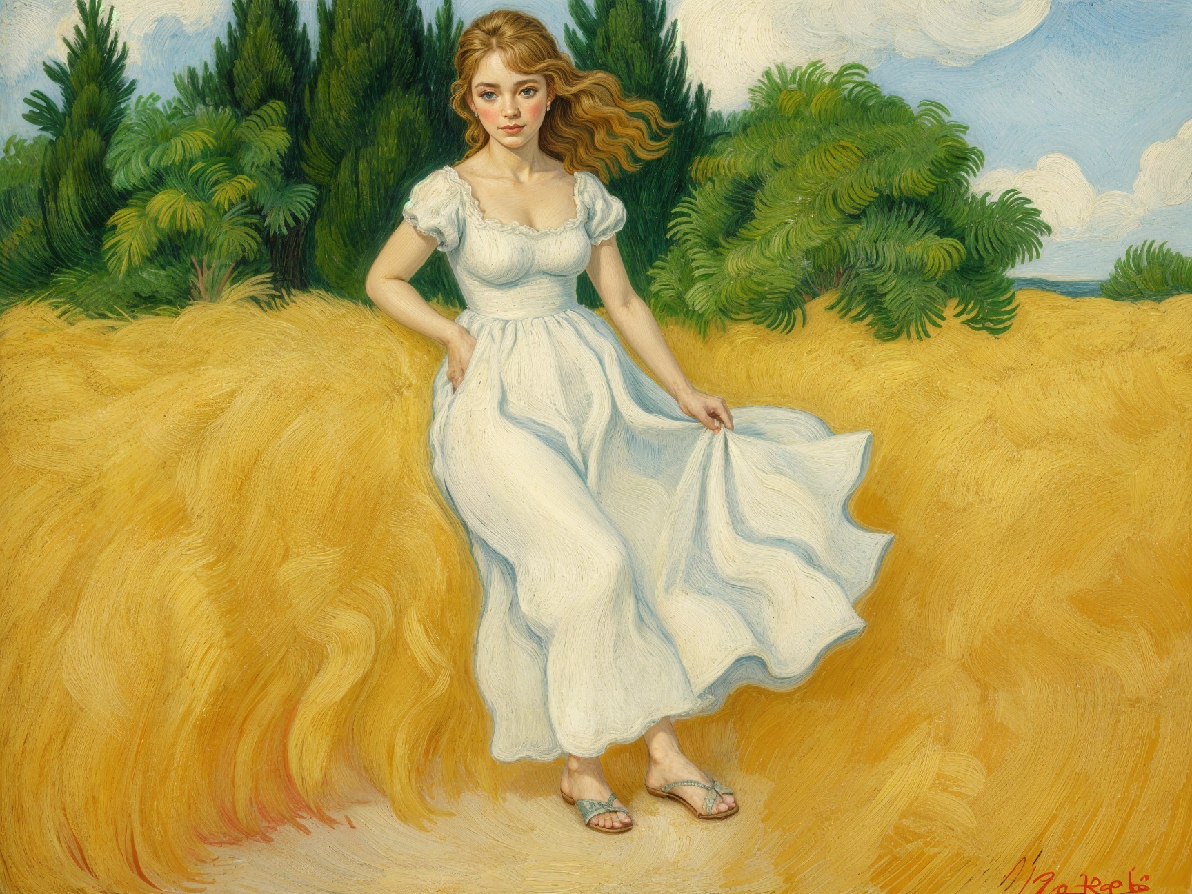 Young woman in white dress in golden wheat field