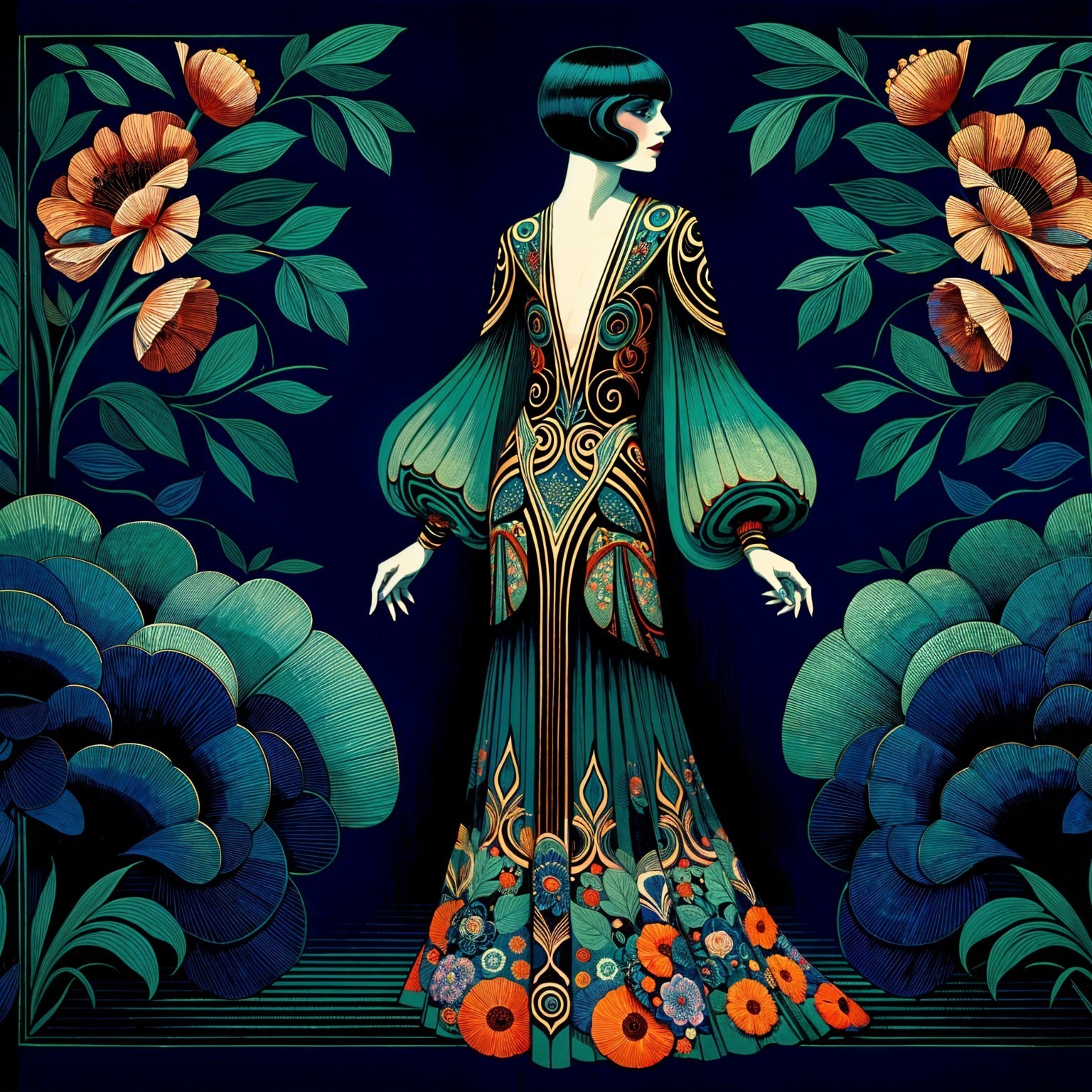 Stylized figure in floral gown with bold blooms backdrop