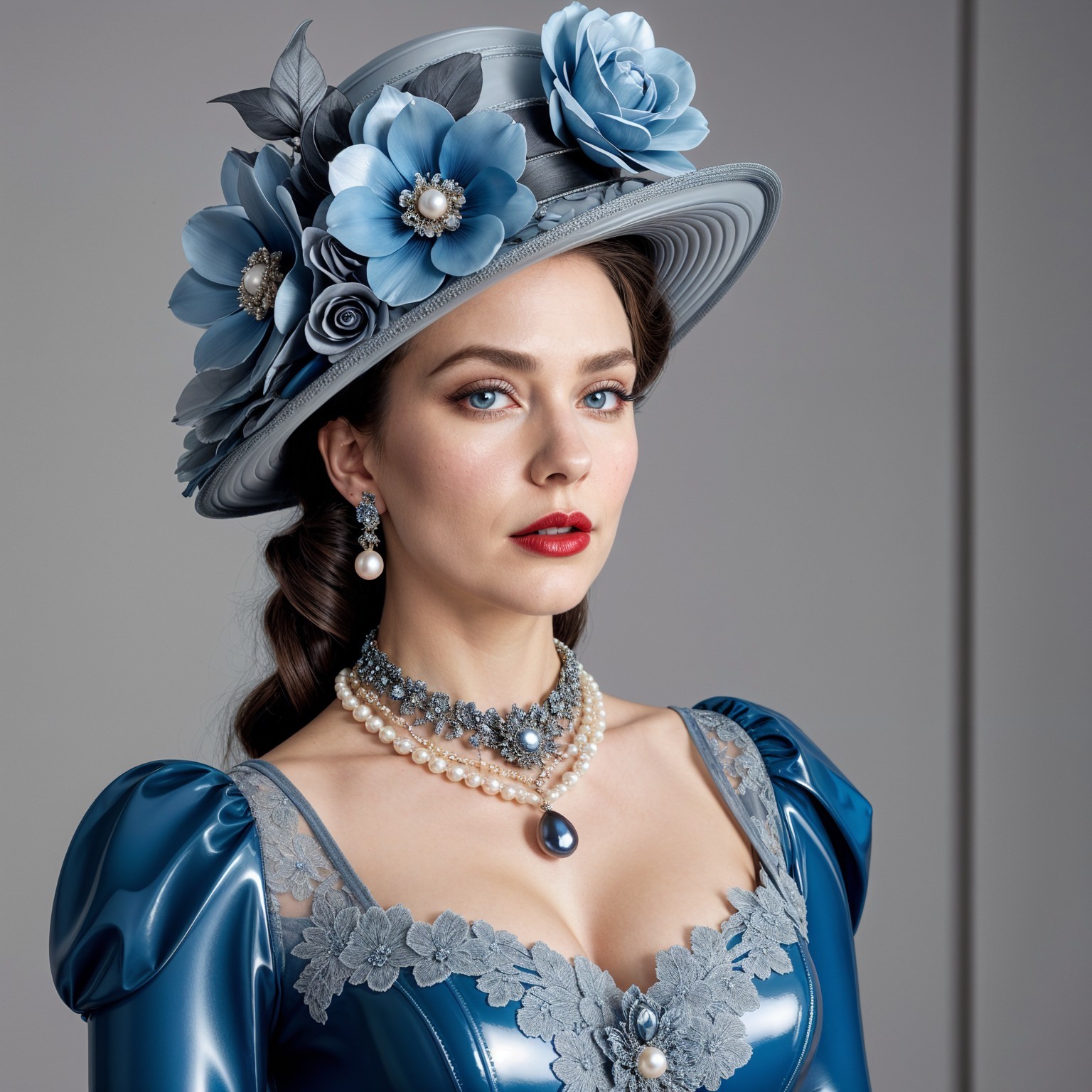 Elegant woman in blue gown with floral hat and pearls