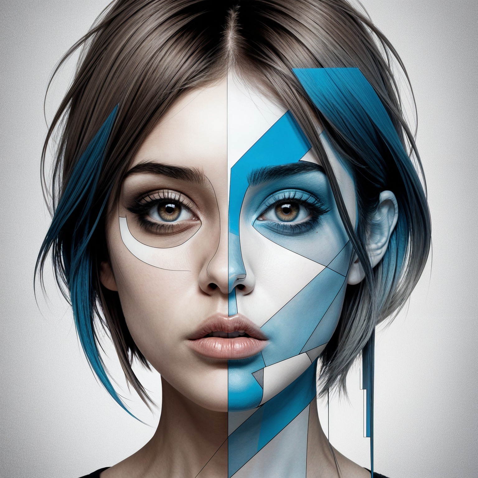 Portrait of a Woman with Geometric Blue and White Design