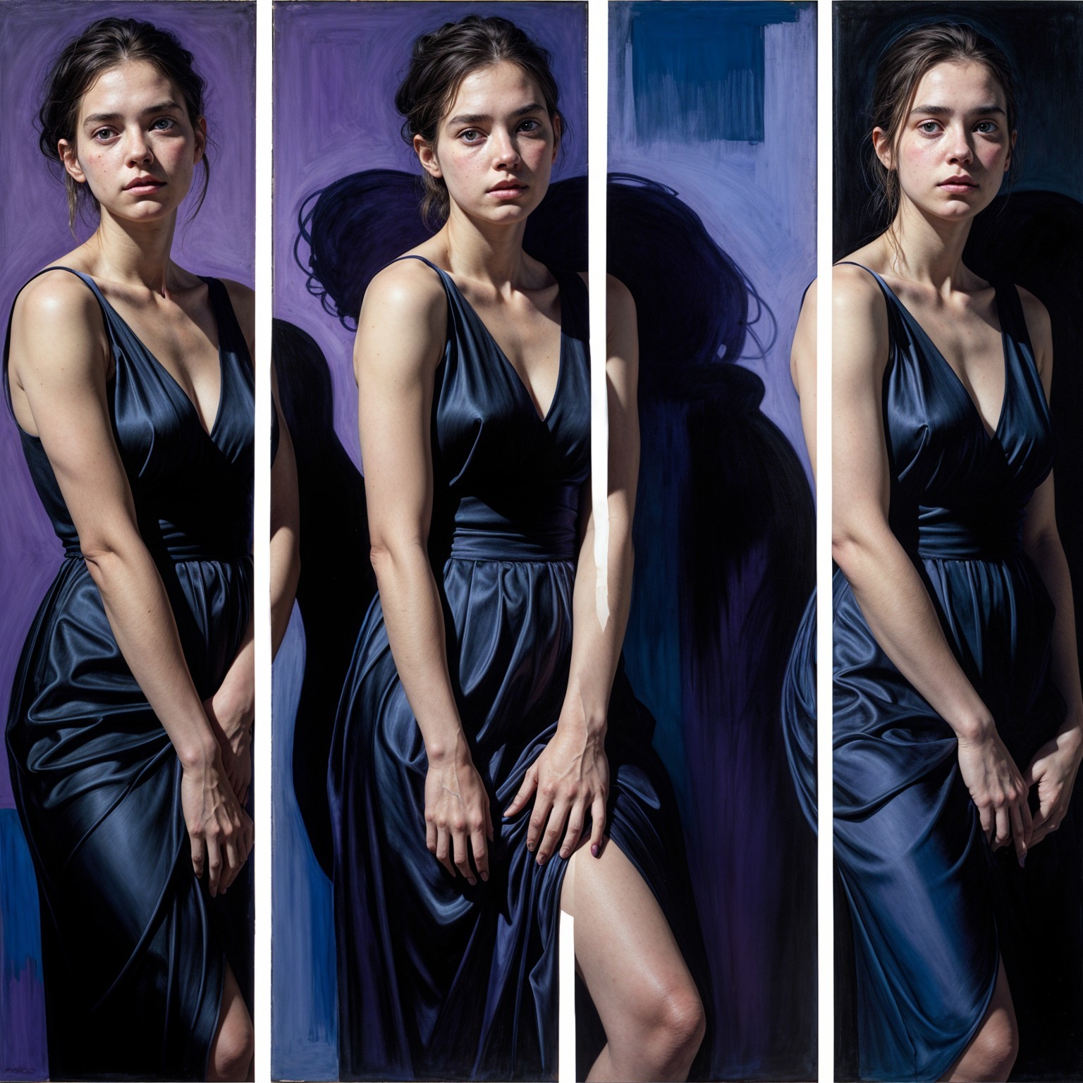 Triptych of a Woman in Dark Gown Against Purple Backgrounds