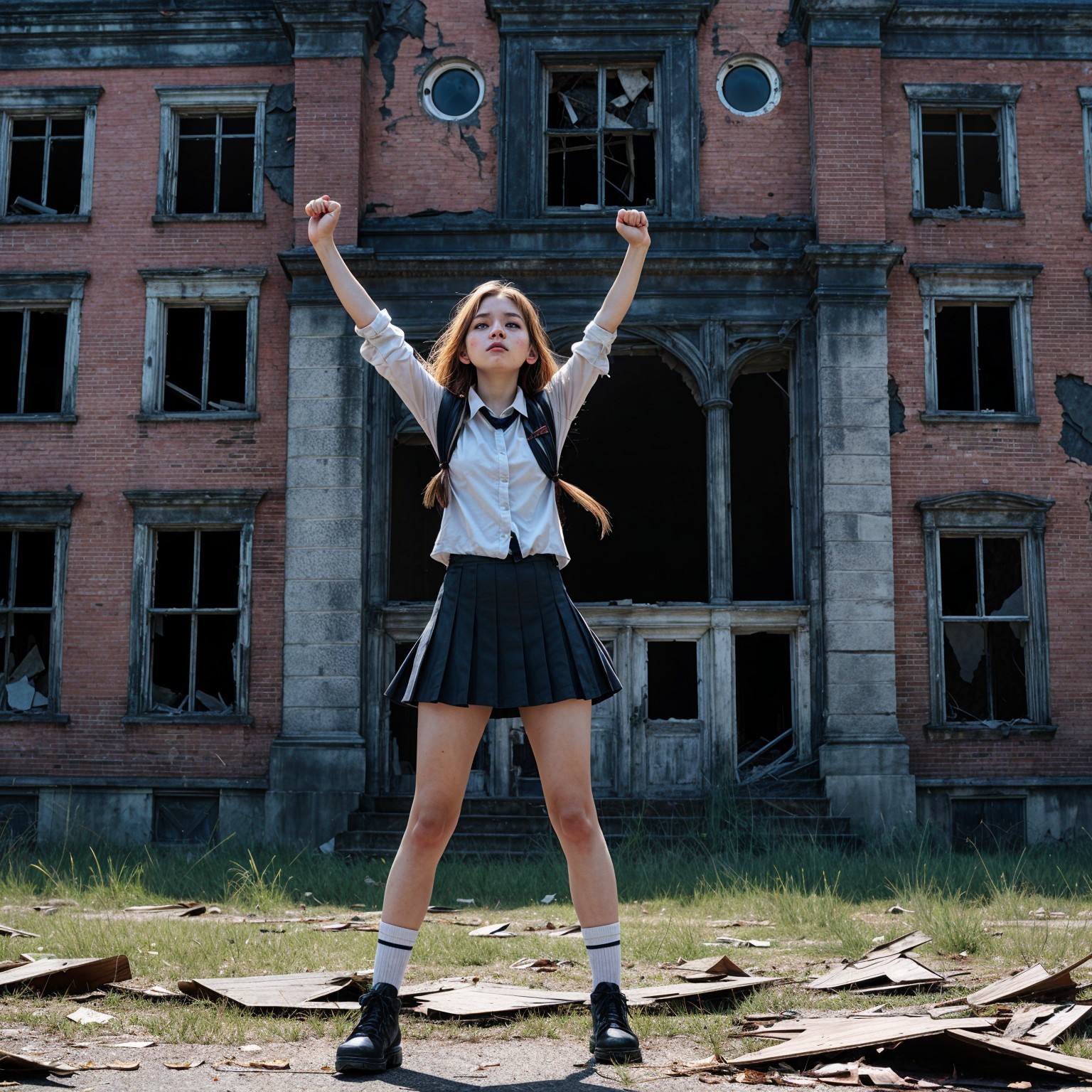 Young girl in uniform poses defiantly by decay