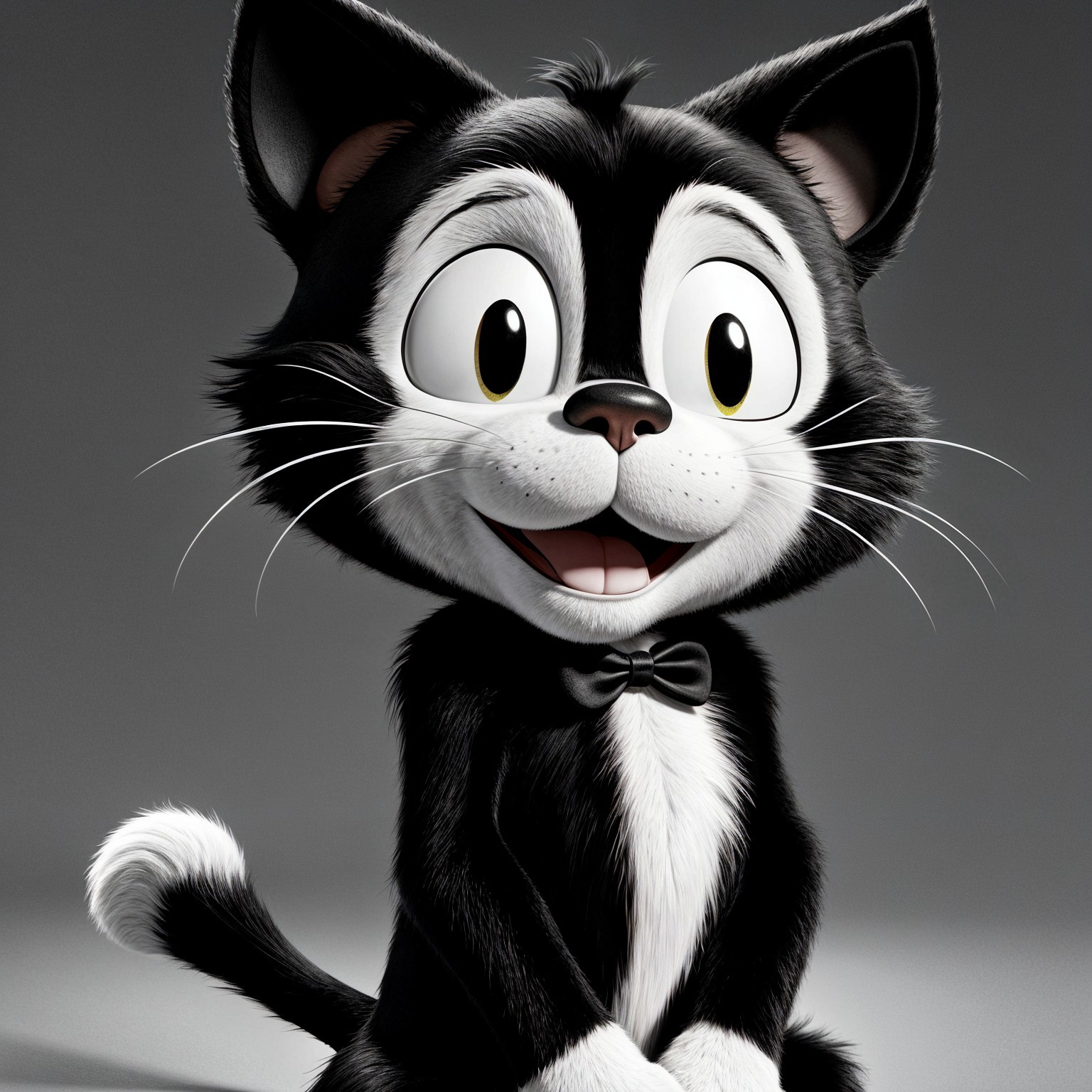 Cheerful Cartoon Black and White Cat Character Description