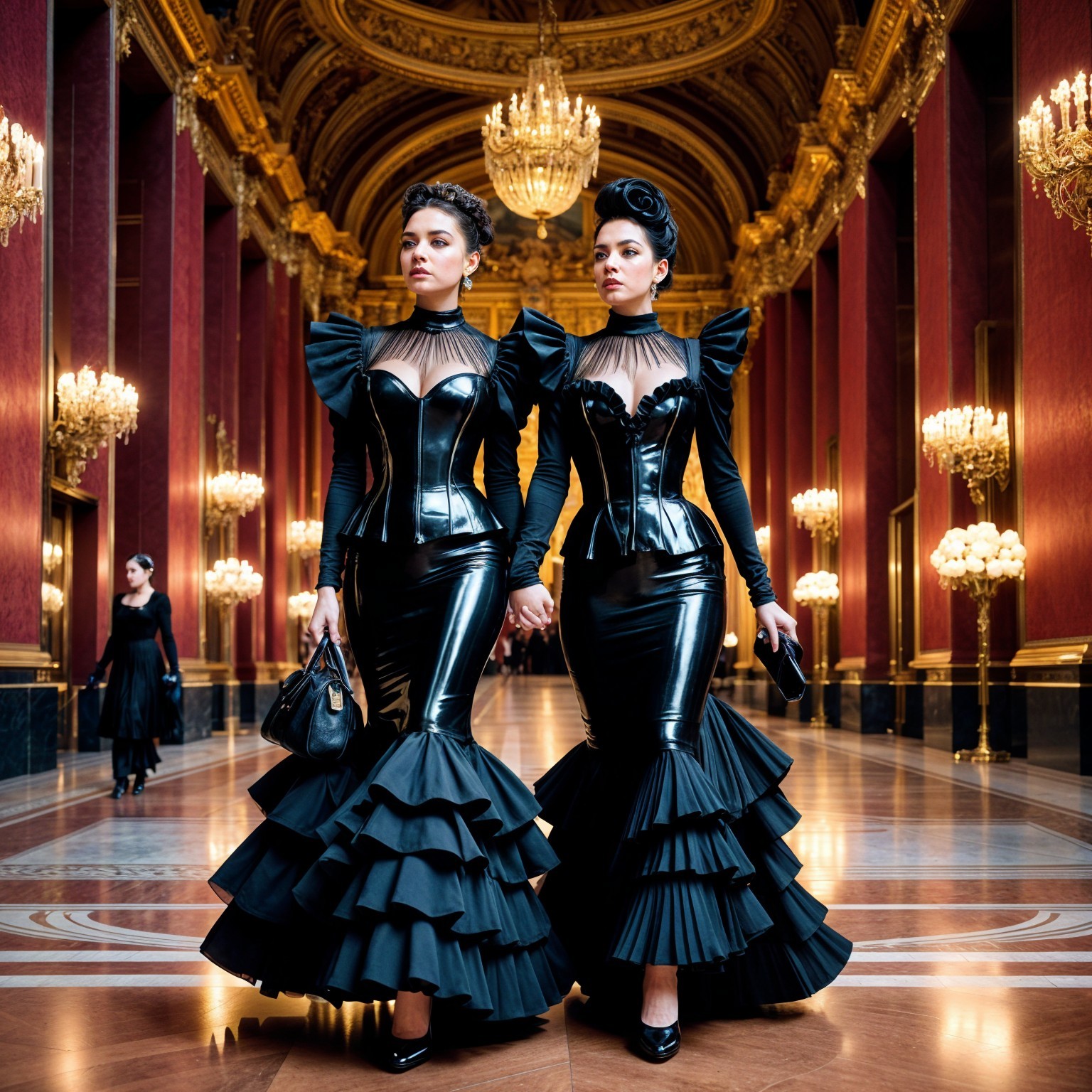 Elegant Women in Black Gowns in Opulent Hall
