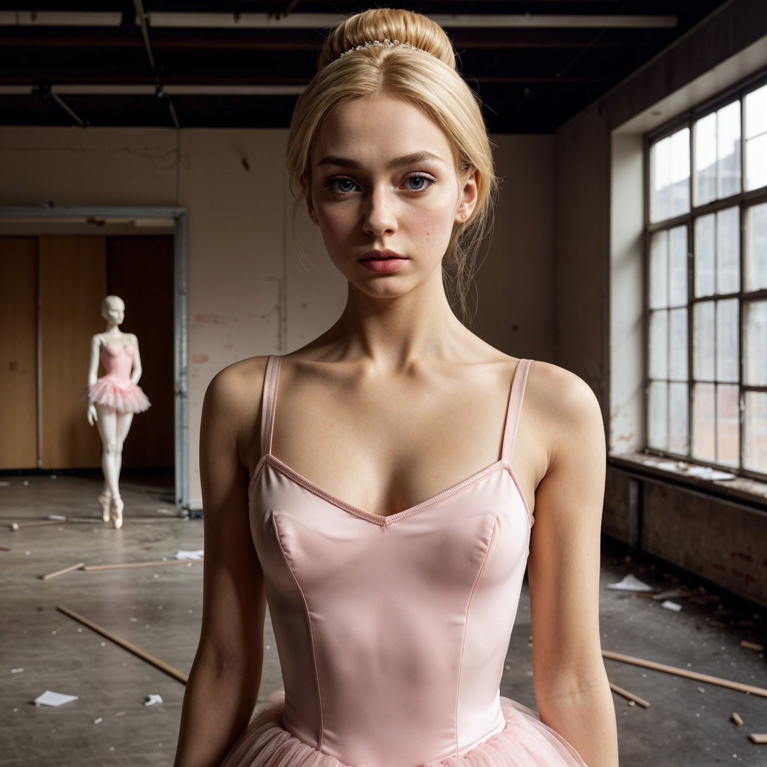 Ballet Dancer in Abandoned Studio with Mannequin