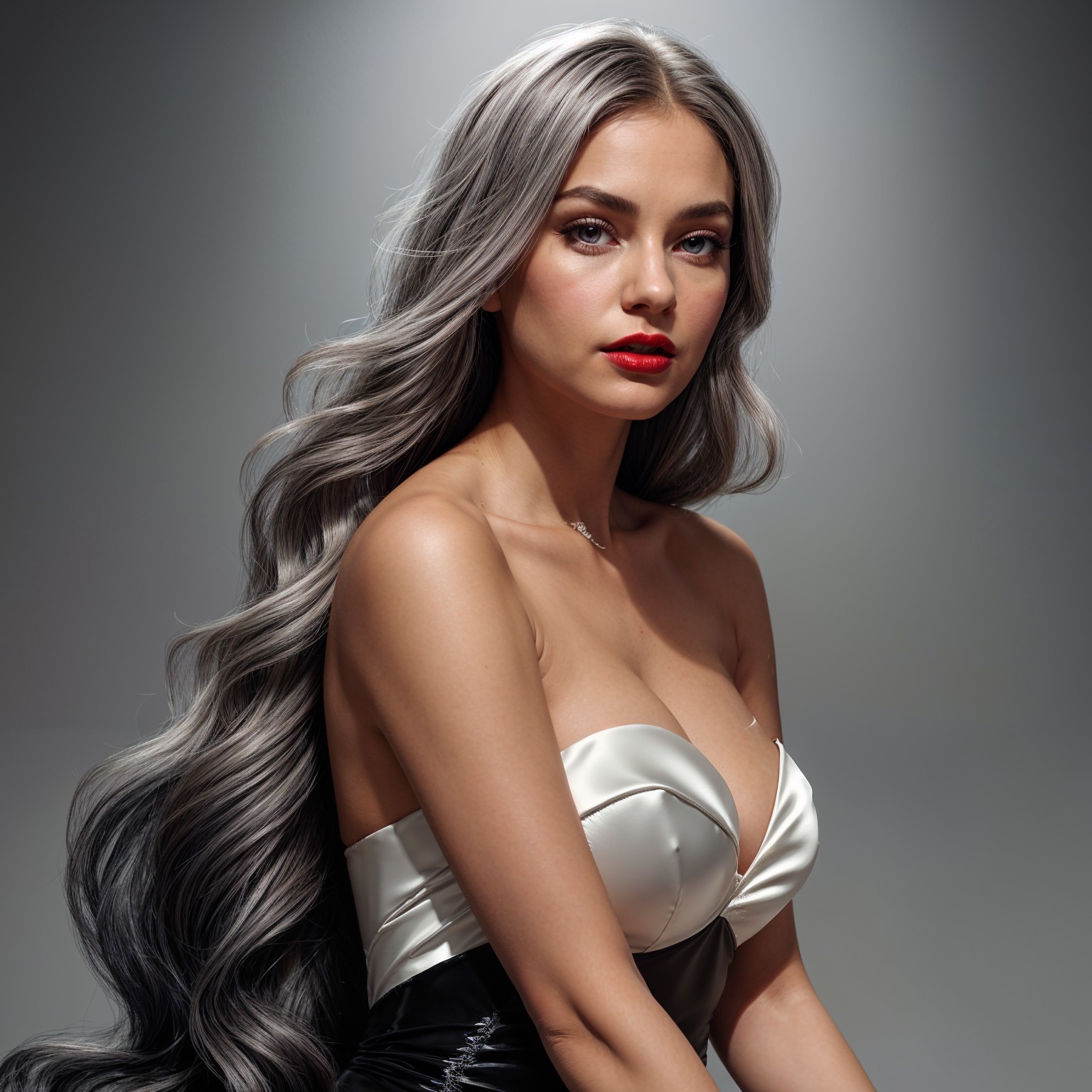 Elegant Woman with Silver Hair and Red Lipstick