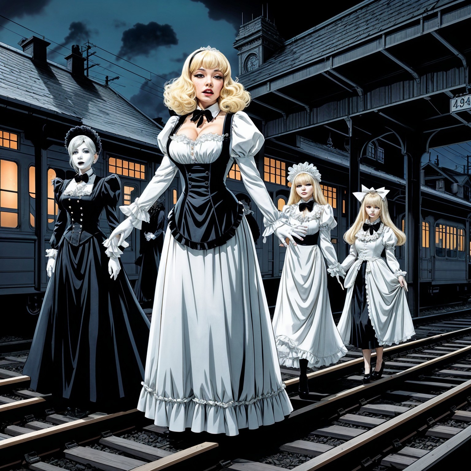 Elegant Women in Gothic Train Station Setting