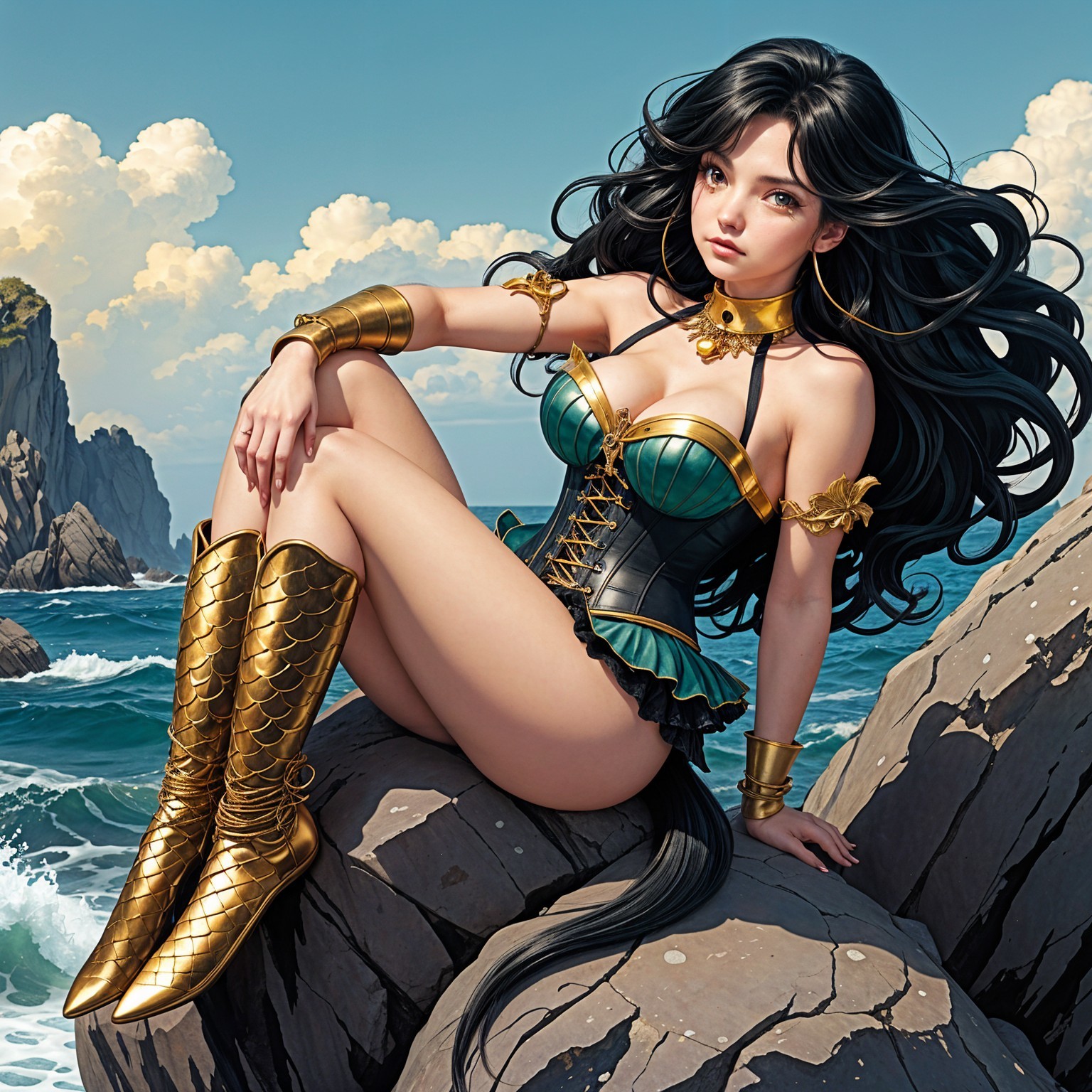 Fantastical Character on Rocky Coastline with Waves