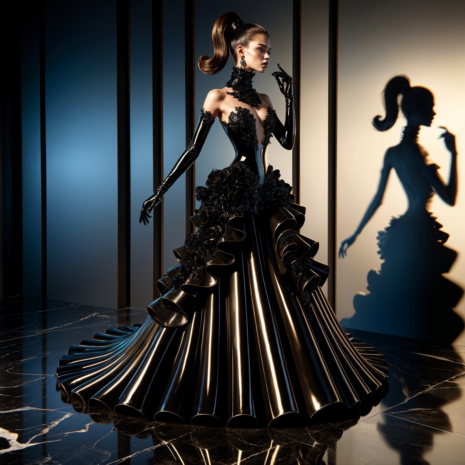 Evening gown with ruffles and floral details
