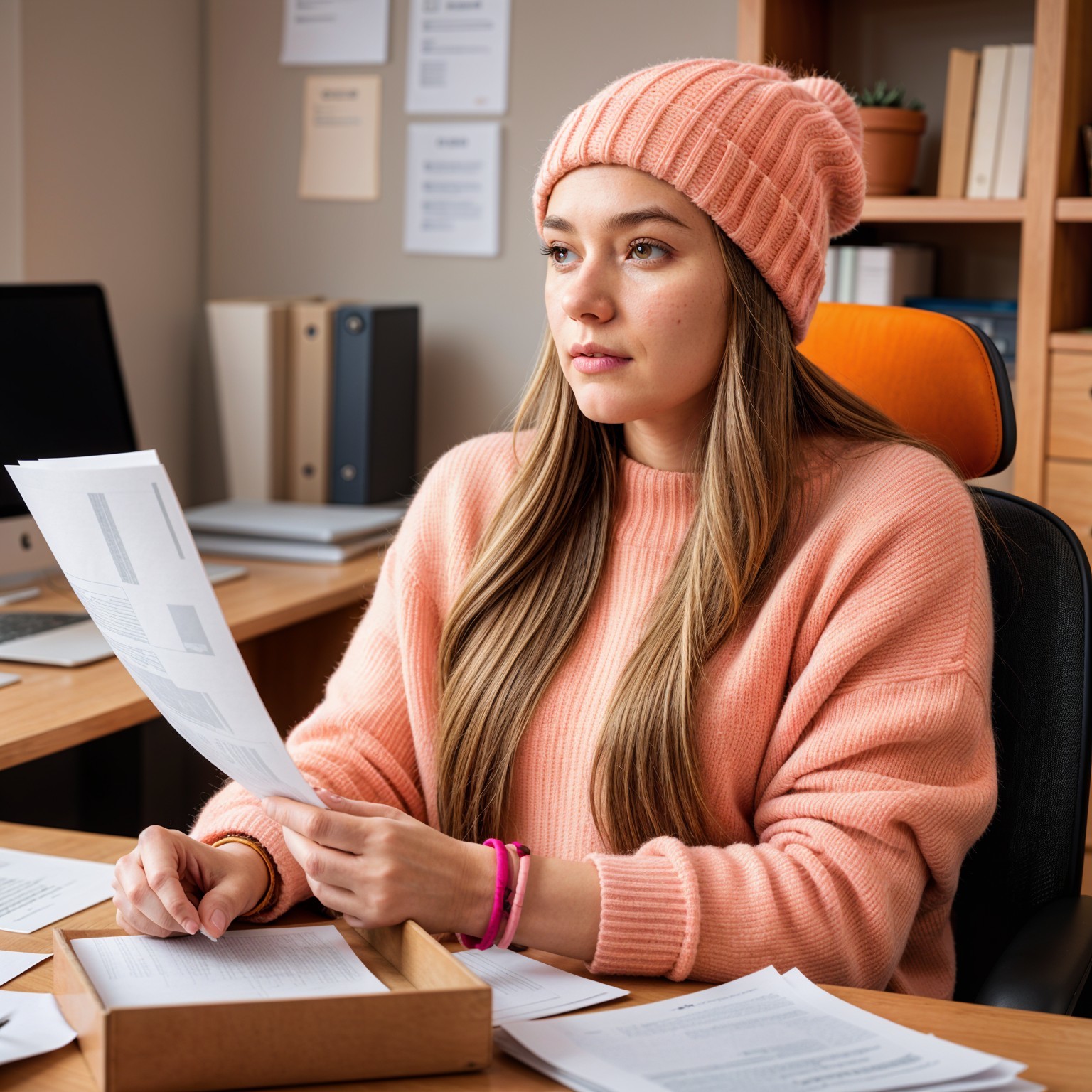 Young Woman in Cozy Sweater at Organized Office Desk