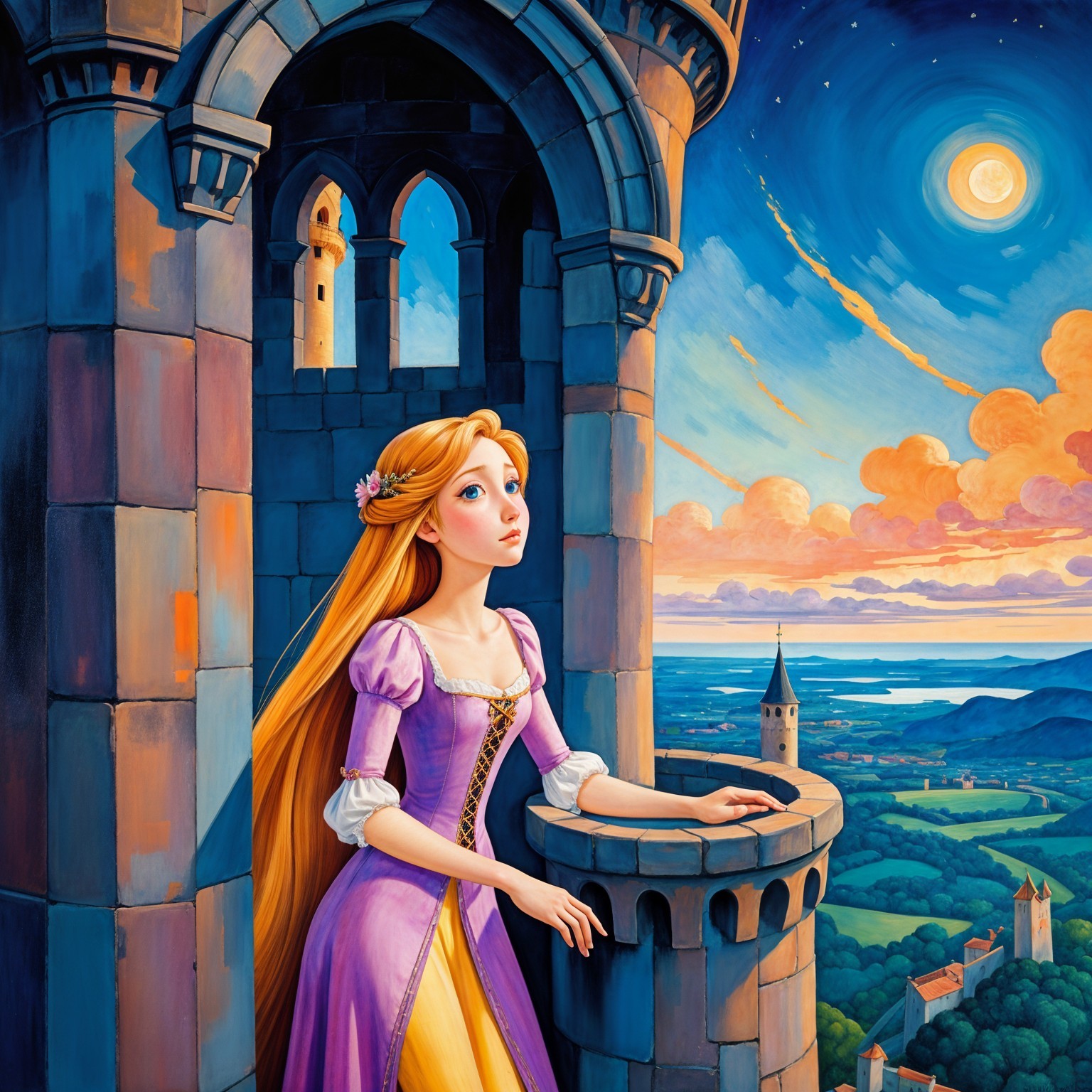 Young Woman in Lavender Gown at Castle Tower Balcony