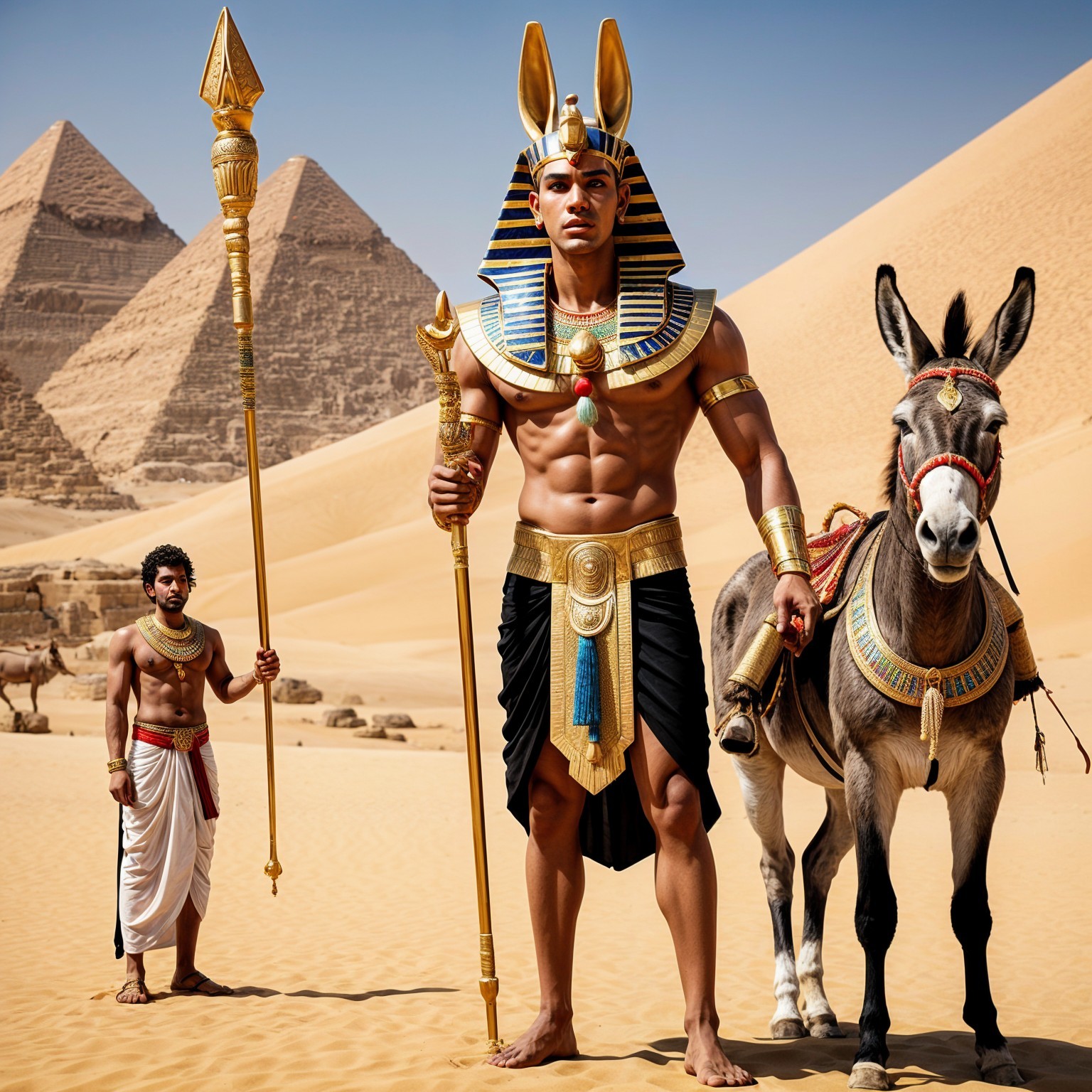 Pharaoh in Golden Regalia with Donkey and Pyramids
