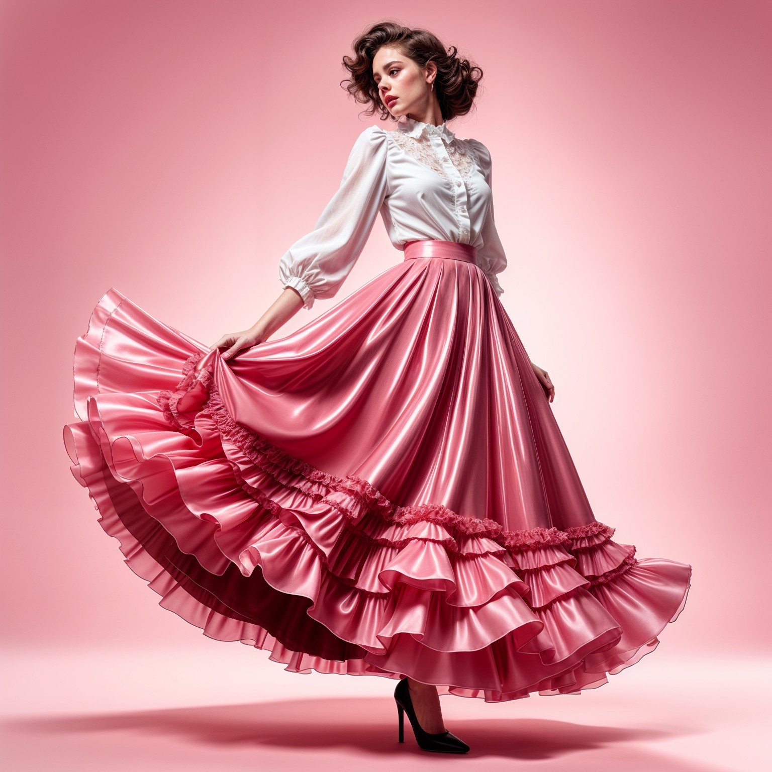 Model in Pink Ruffled Skirt and Vintage Blouse