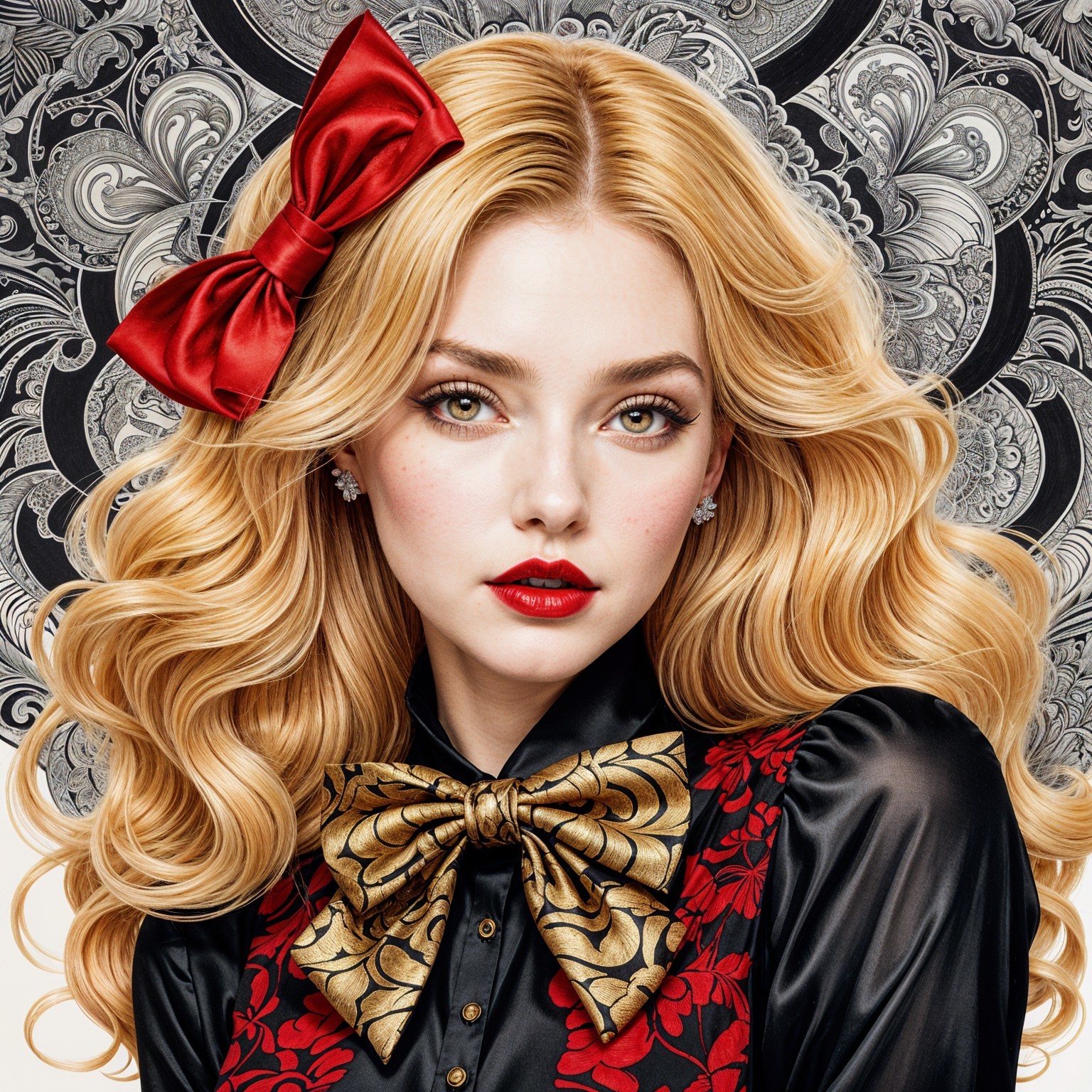 Glamorous Young Woman with Red Bow and Floral Blouse