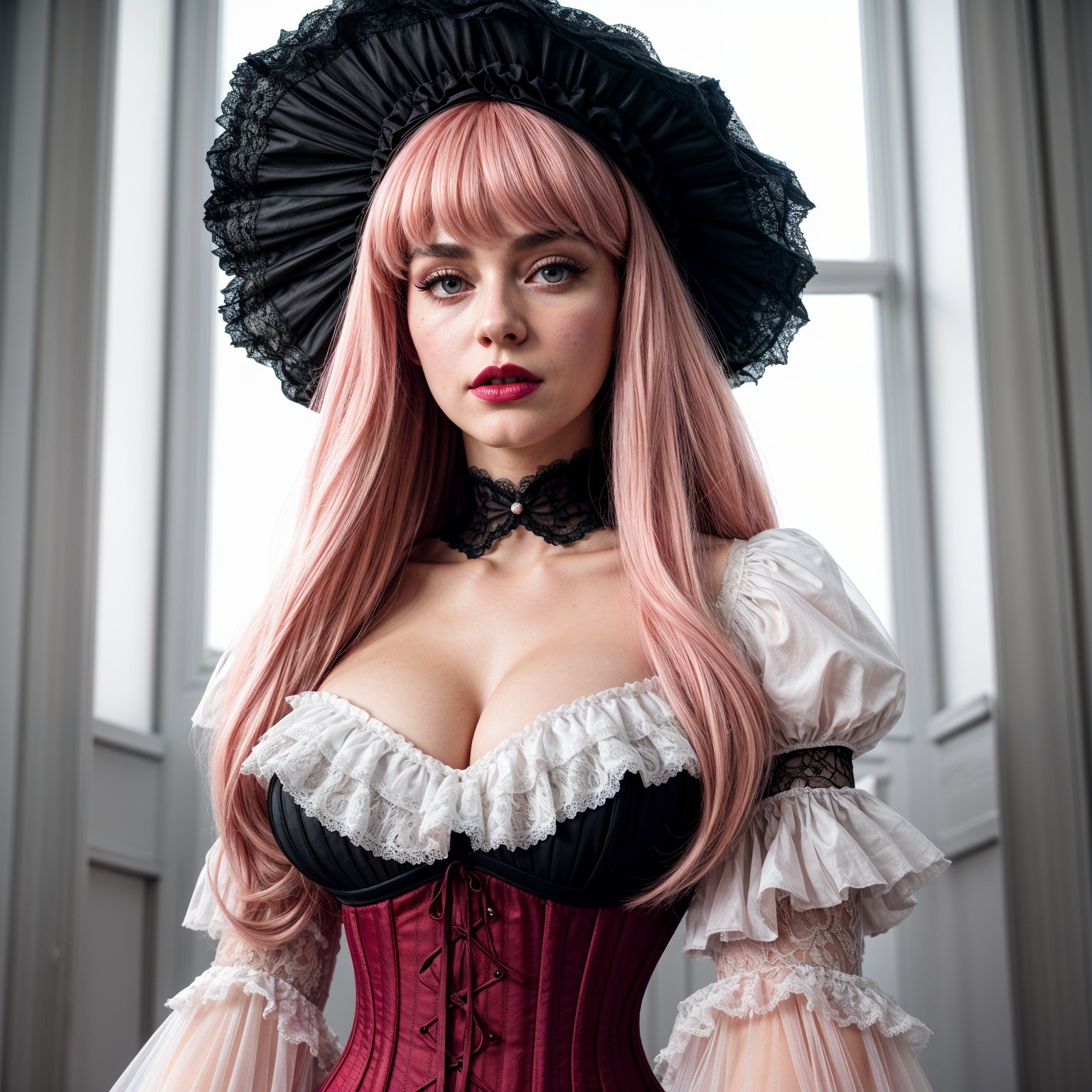 Elegant Vintage Outfit with Burgundy Corset and Hat