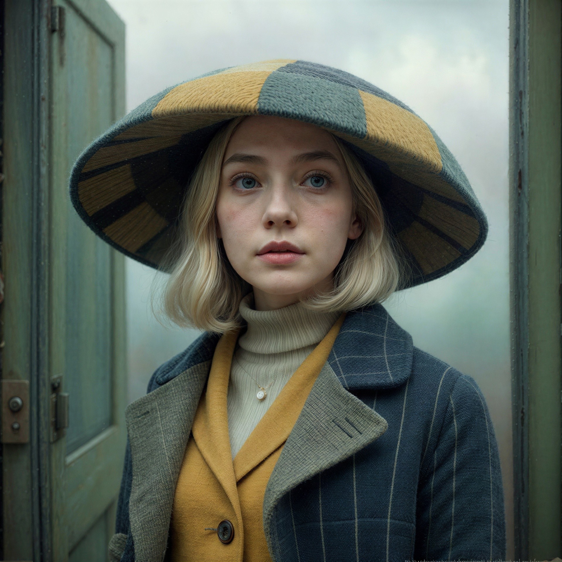 Young woman in checkered hat and layered outfits