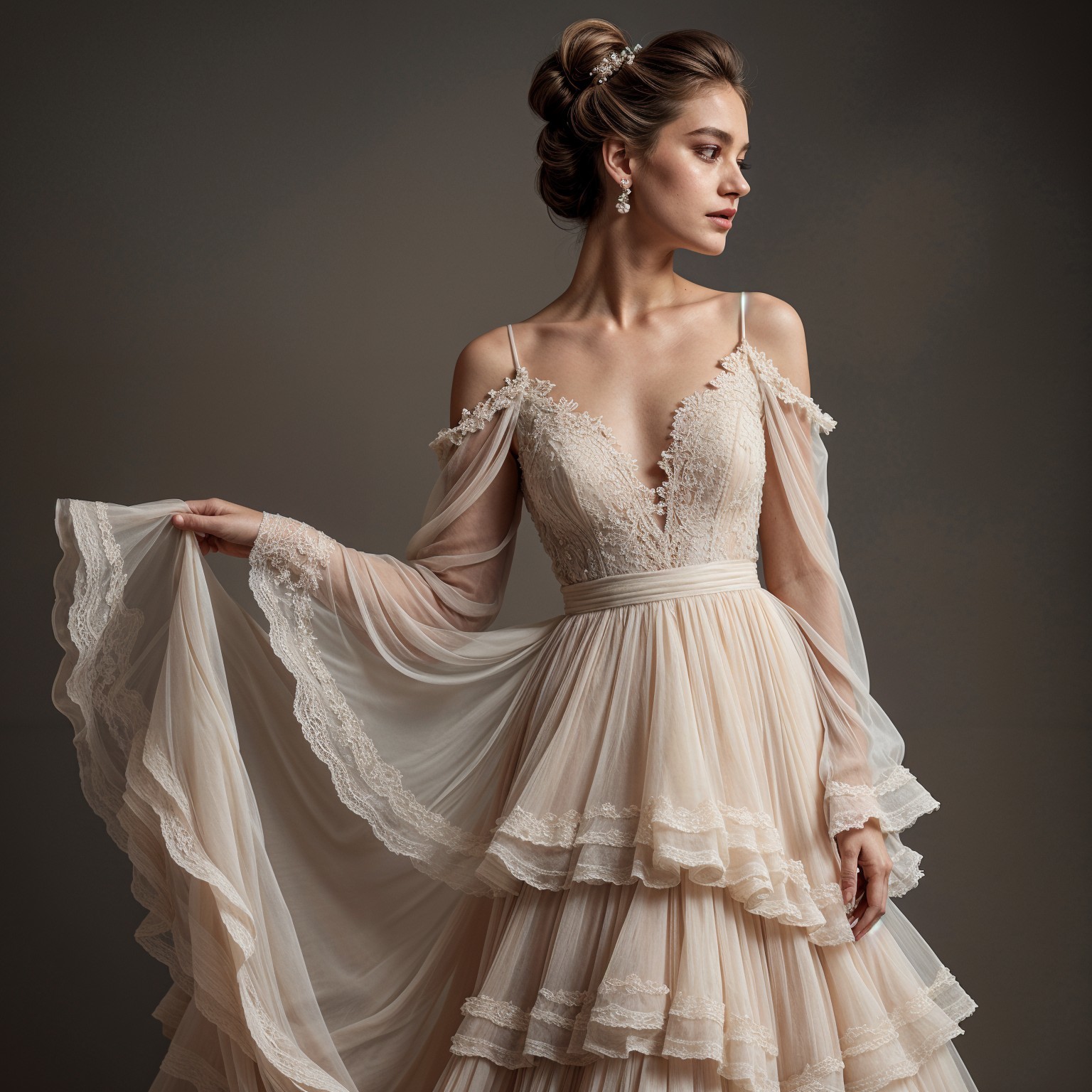 Elegant Woman in Off-Shoulder Wedding Gown with Lace
