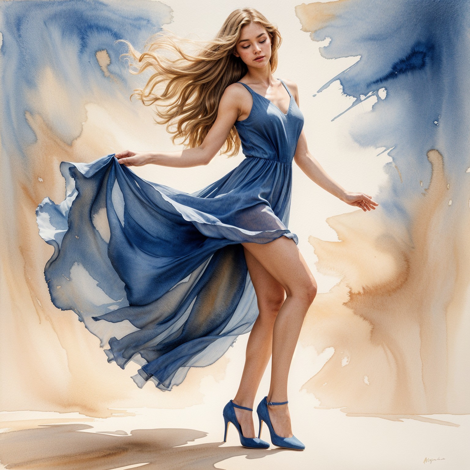 Young Woman in Blue Dress Twirling in Watercolor Scene