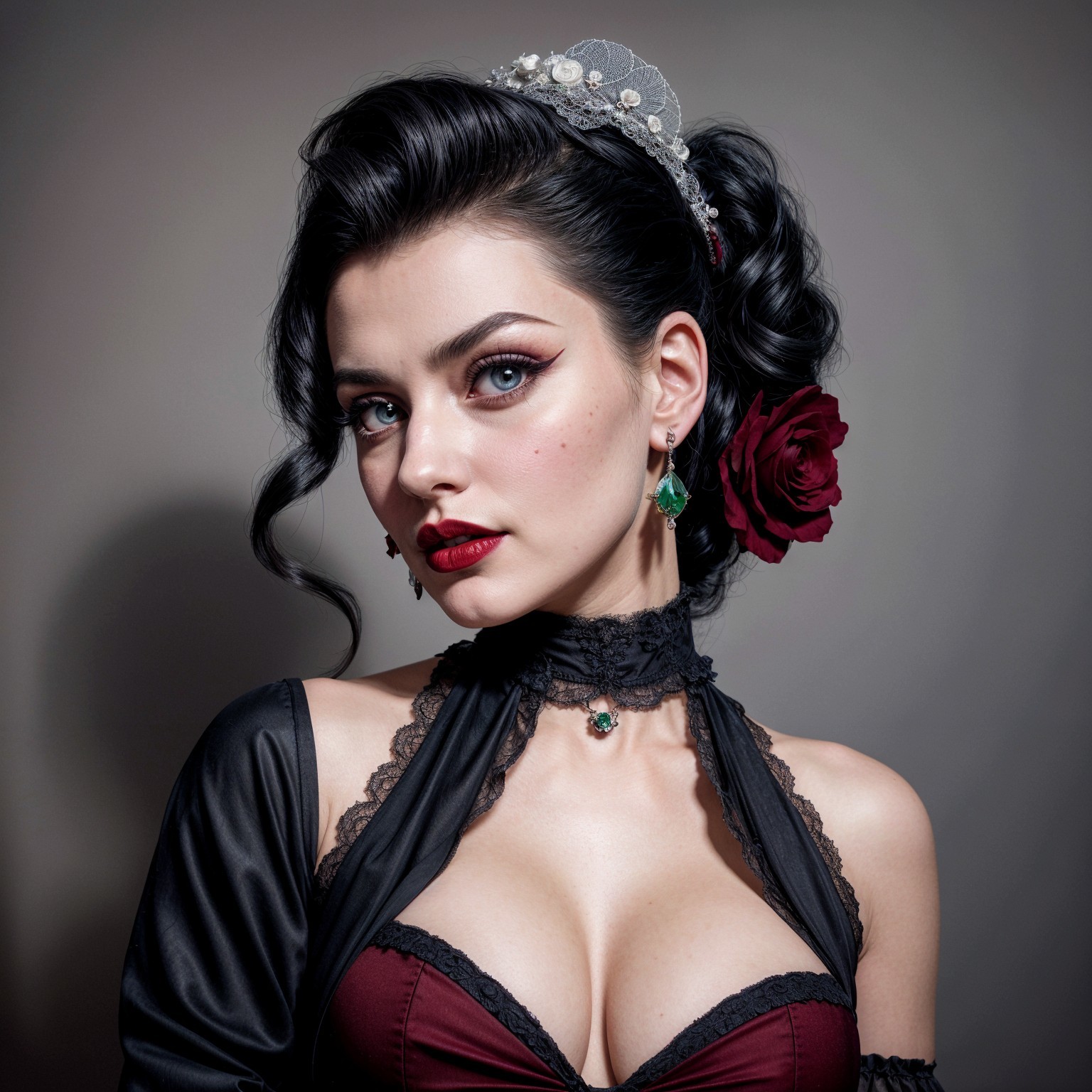 Portrait of a Woman in Red Dress with Dark Features