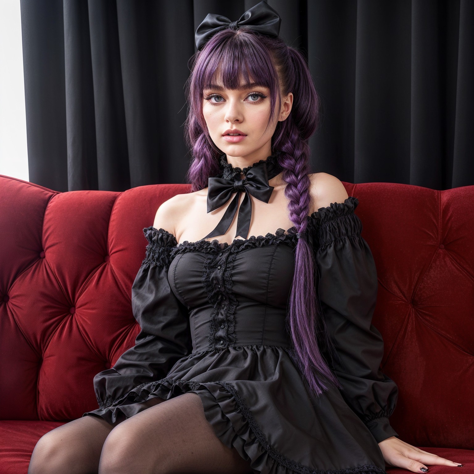 Young Woman in Braided Purple Hair on Velvet Couch
