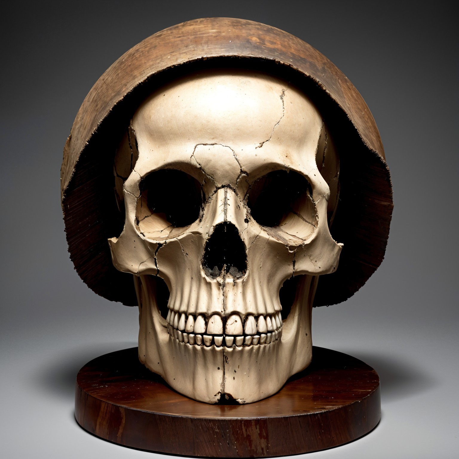 Detailed Human Skull on Wooden Base with Rustic Shell