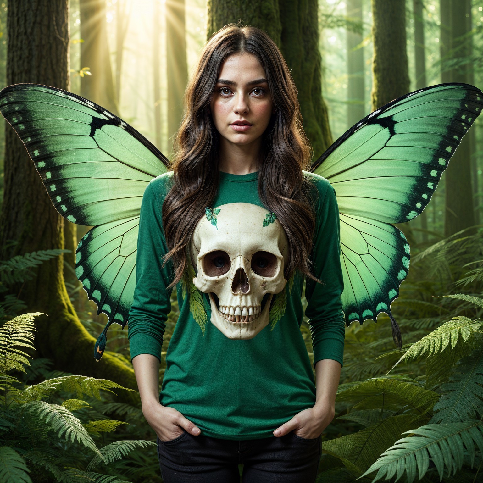 Young Woman with Butterfly Wings in Mystical Forest