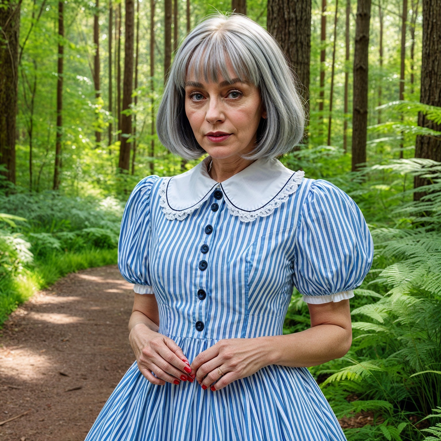 Woman in Vintage Dress on Forest Pathway