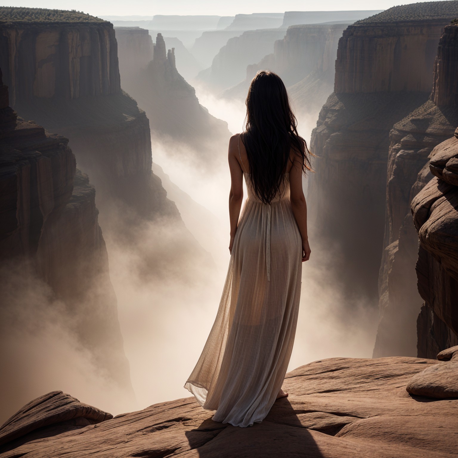 Woman in Sheer Dress at Misty Canyon Edge