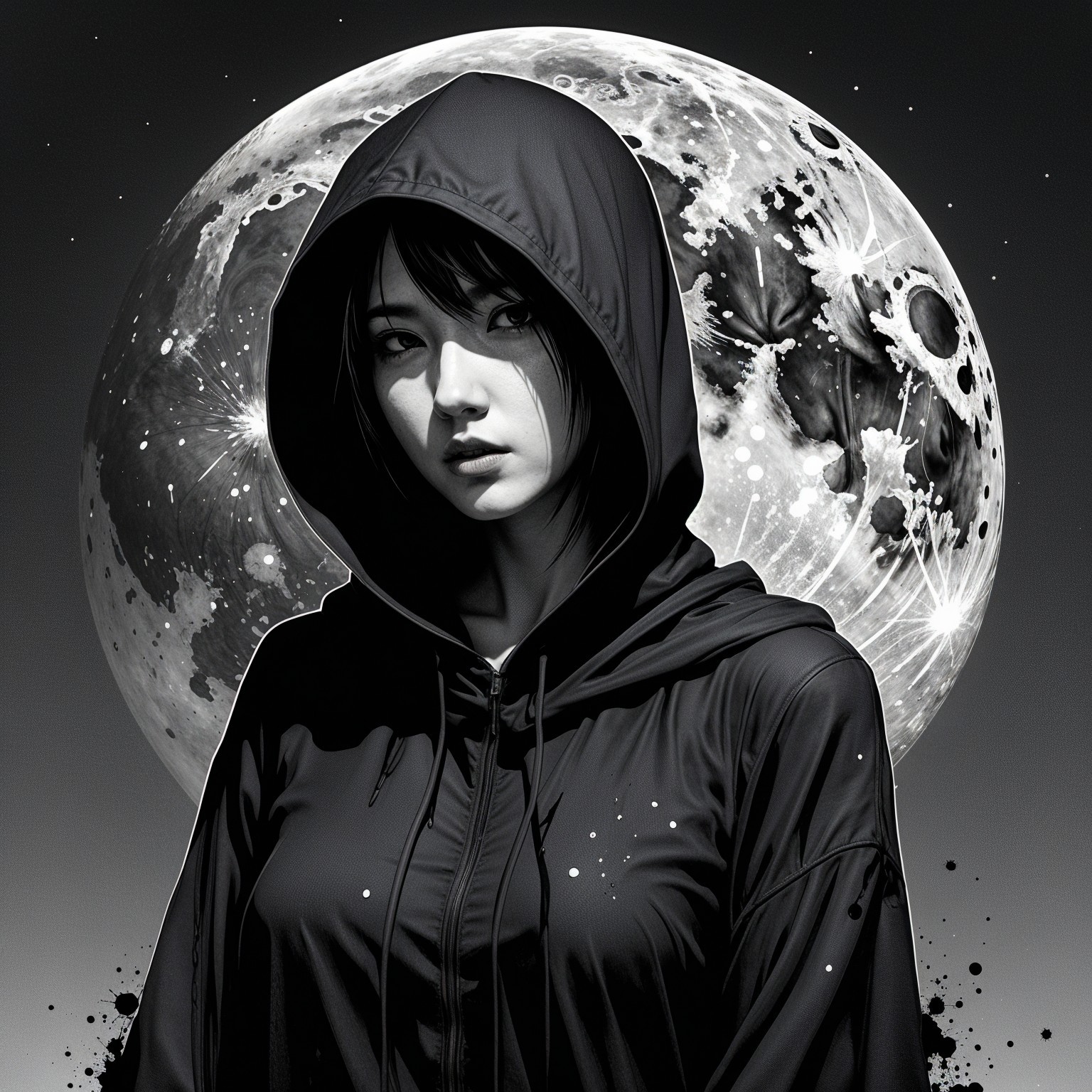 Black-and-White Portrait of Woman with Full Moon Background
