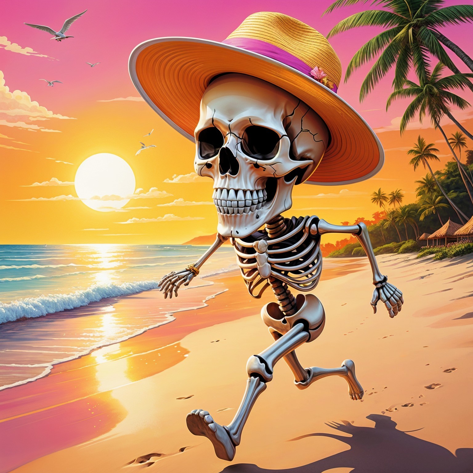 Playful Skeleton Jogging on Sunset Beach