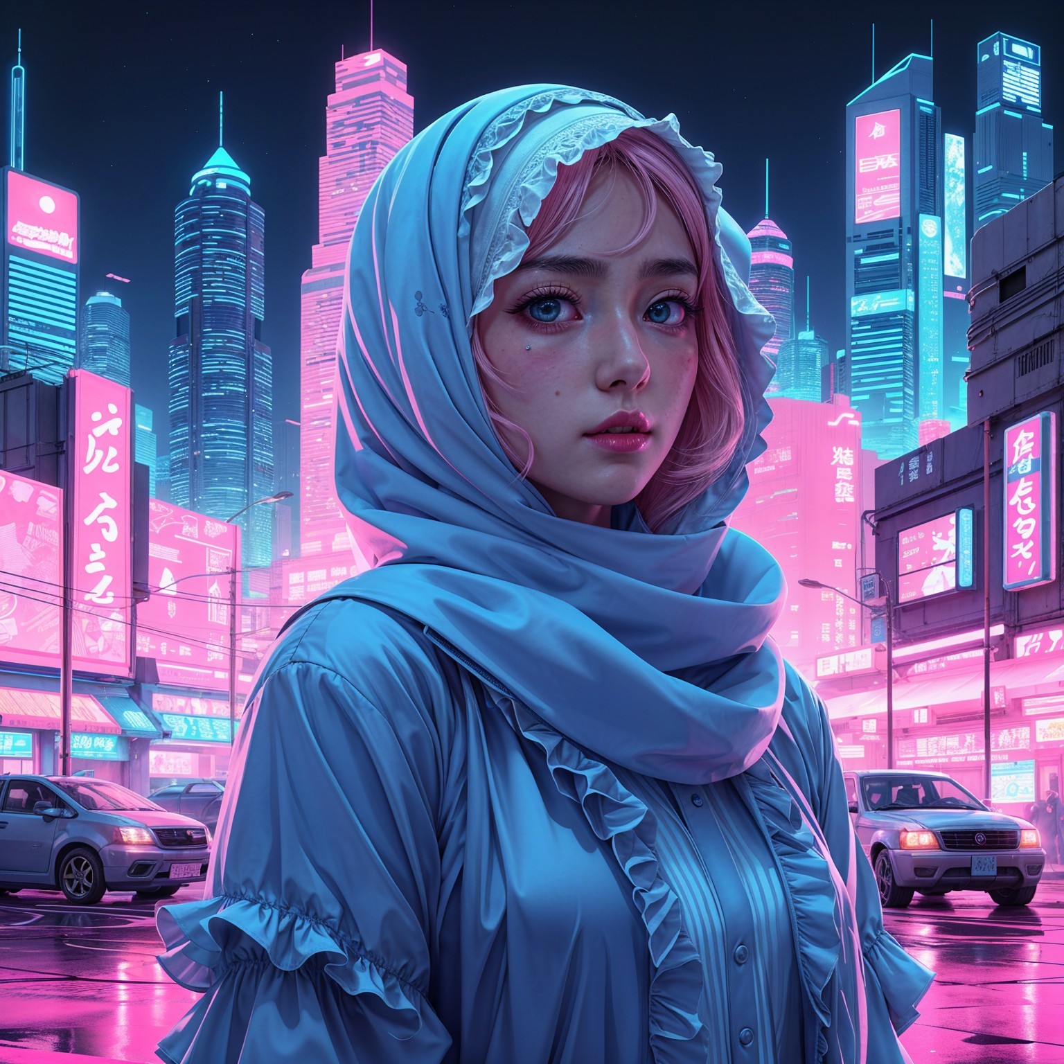 Young Woman in Vibrant Futuristic Cityscape