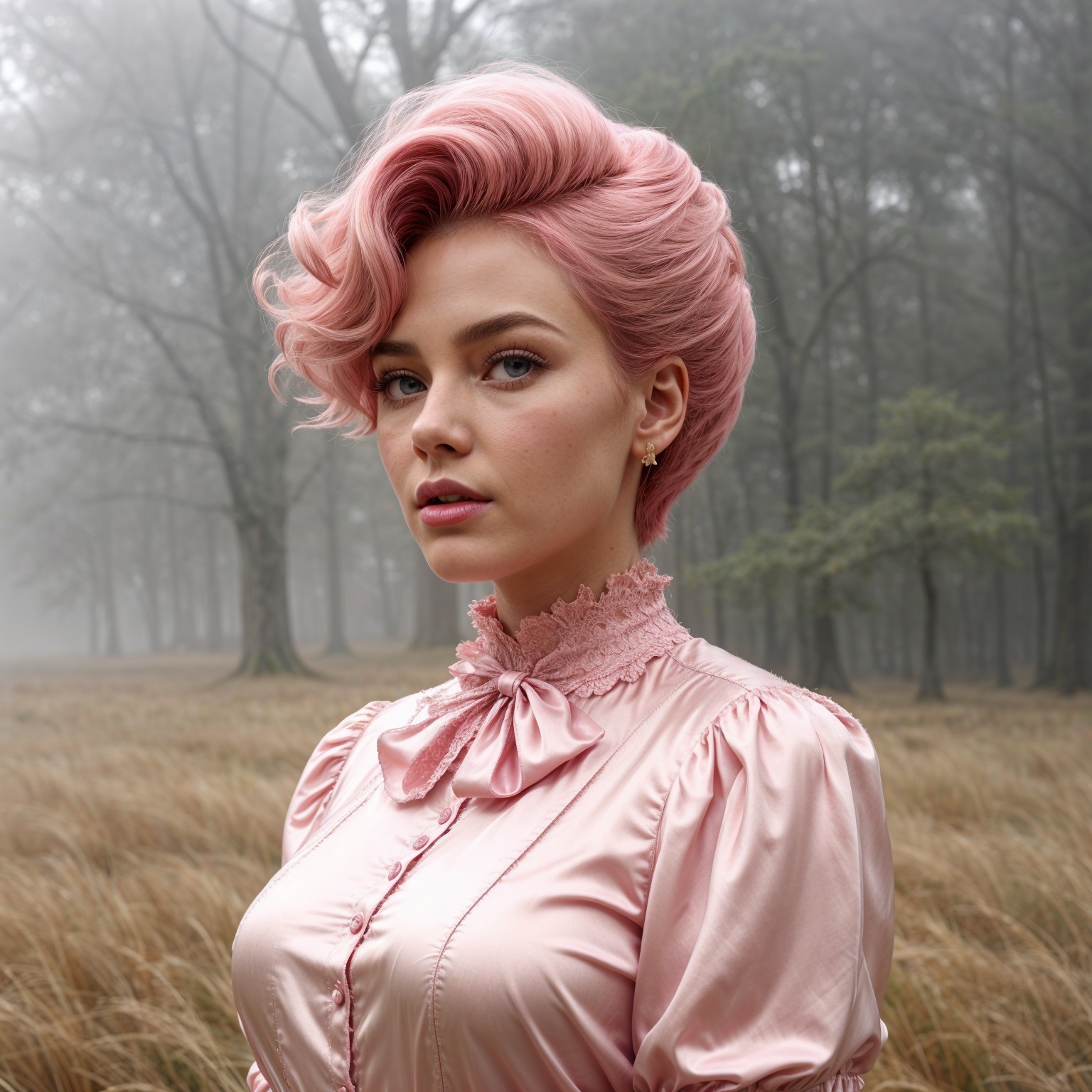 Young woman in misty forest with pink hair and blouse