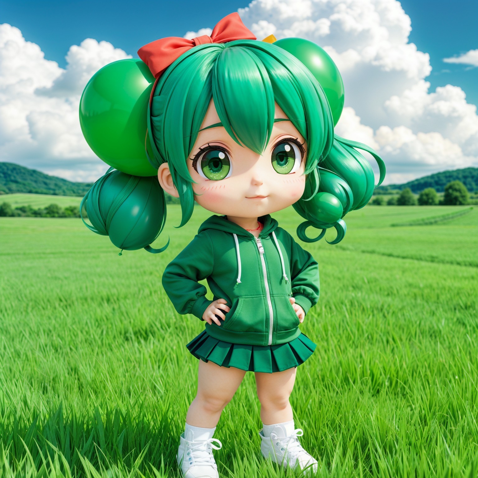 Chibi Character in Green Outfit with Playful Pose