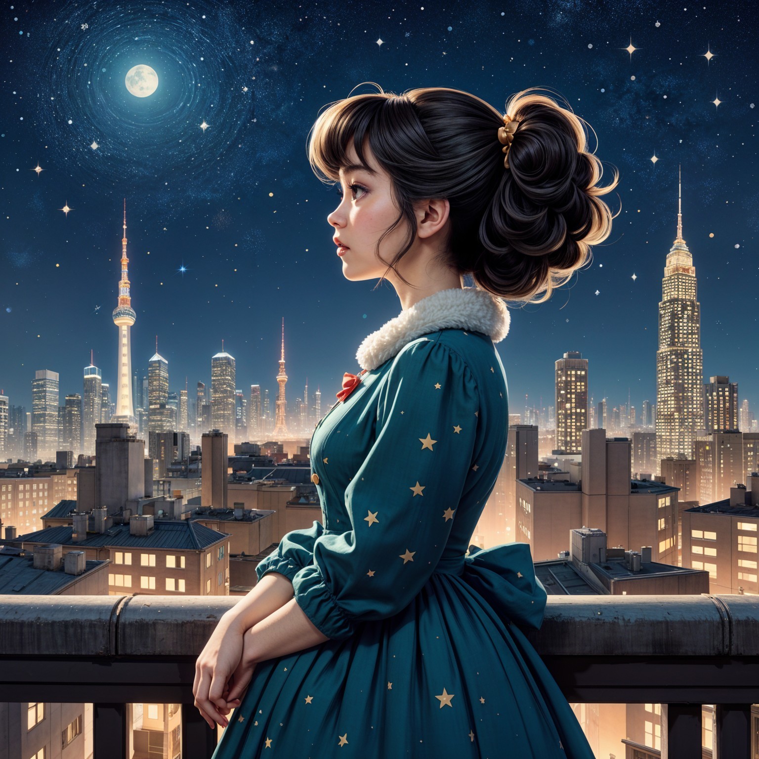Young Woman in Teal Dress Overlooks Starry City Skyline
