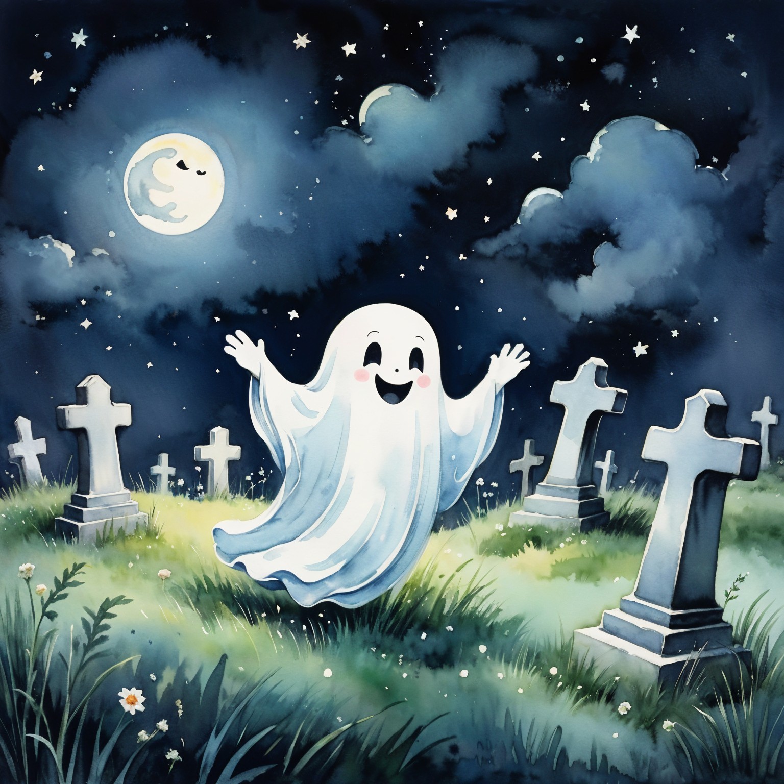 Cheerful Ghost in a Moonlit Graveyard Scene