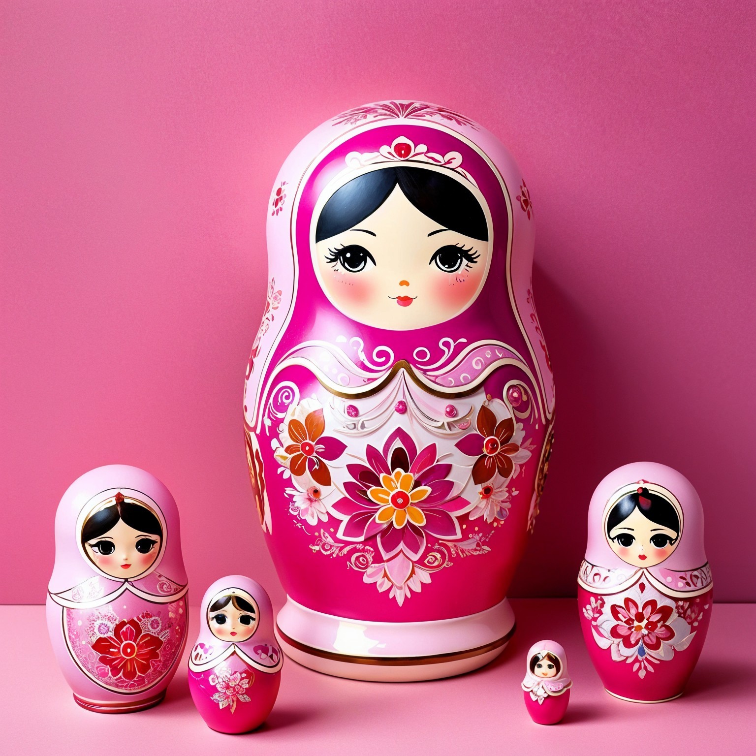 Colorful Russian Nesting Dolls on Pink Background