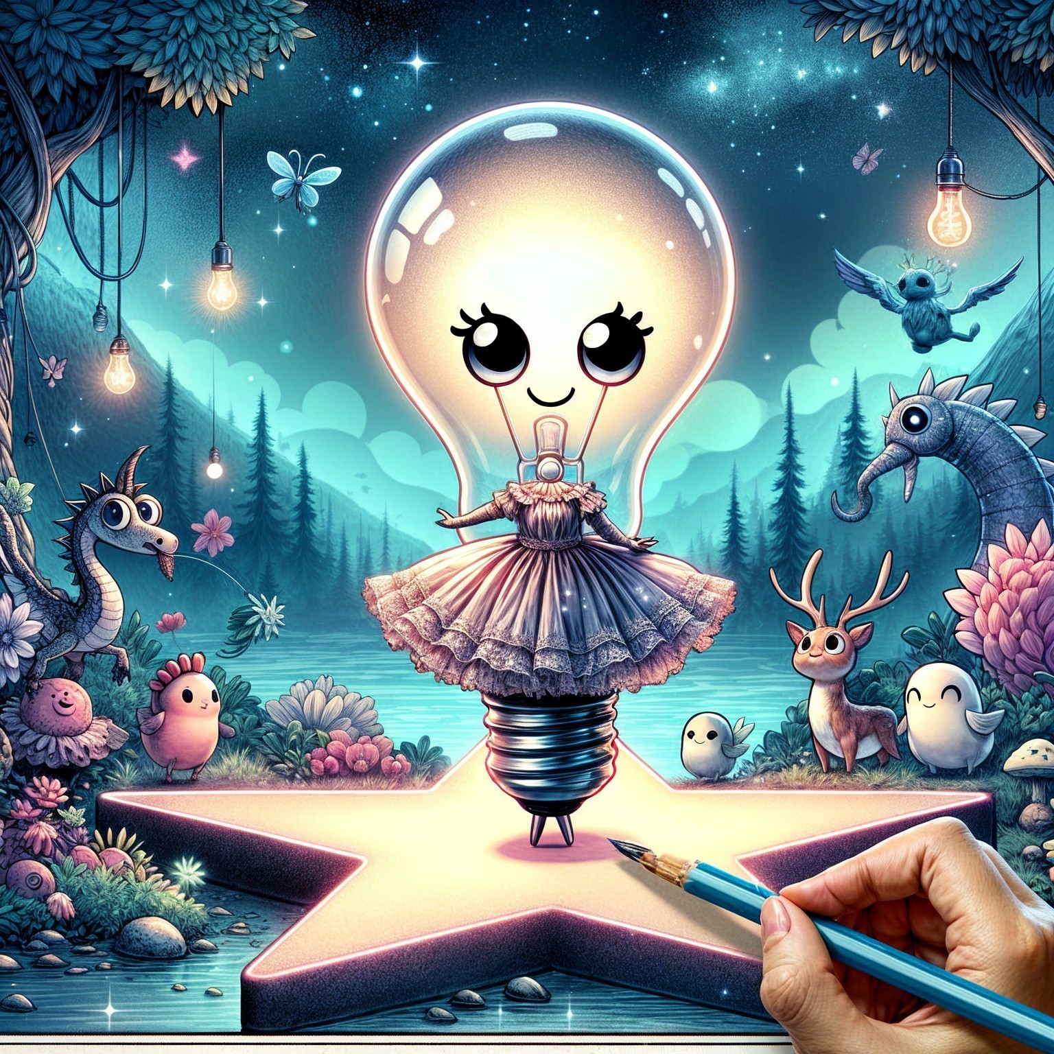 Whimsical Light Bulb Character in Enchanting Landscape