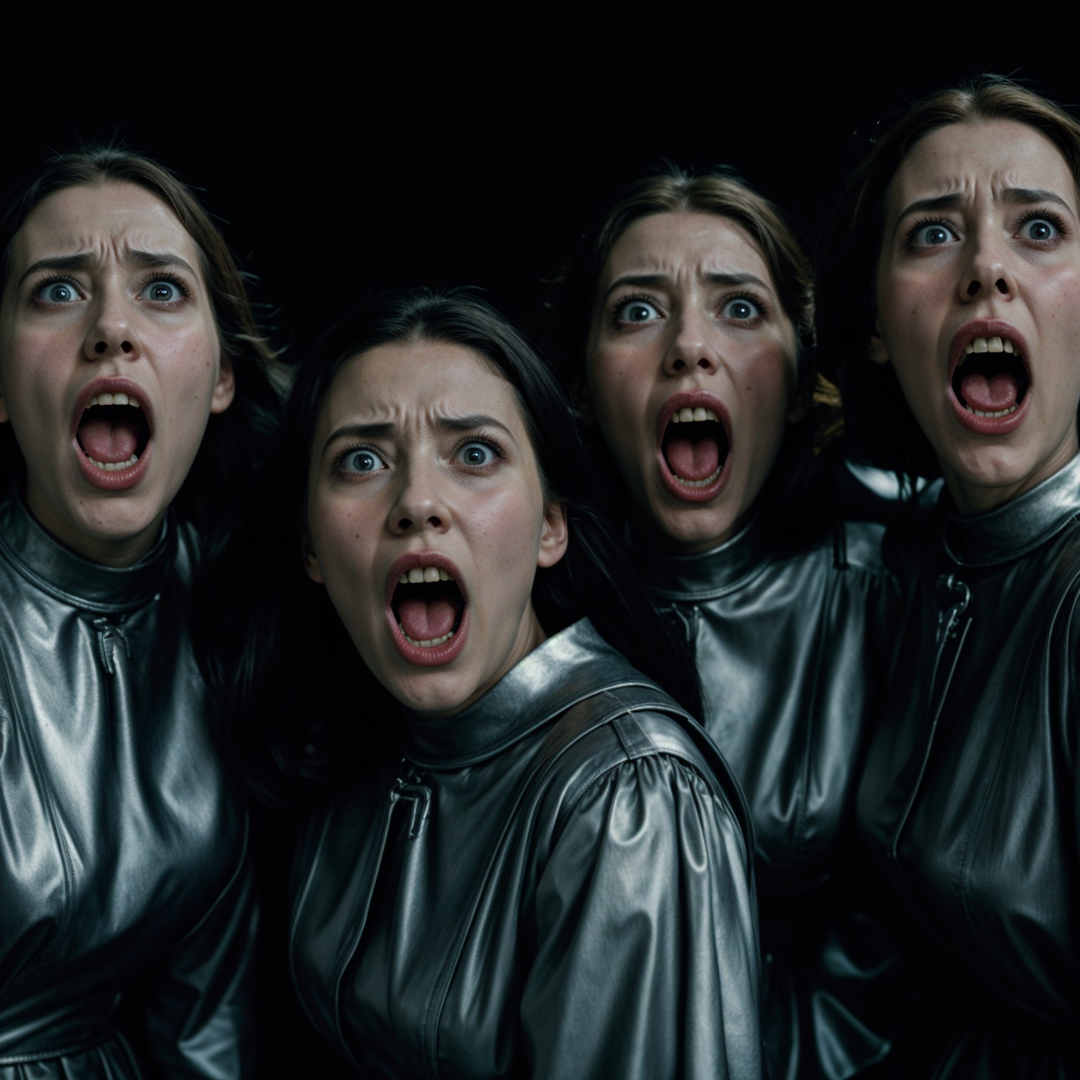 Four Women in Silver Garments Expressing Intense Emotion