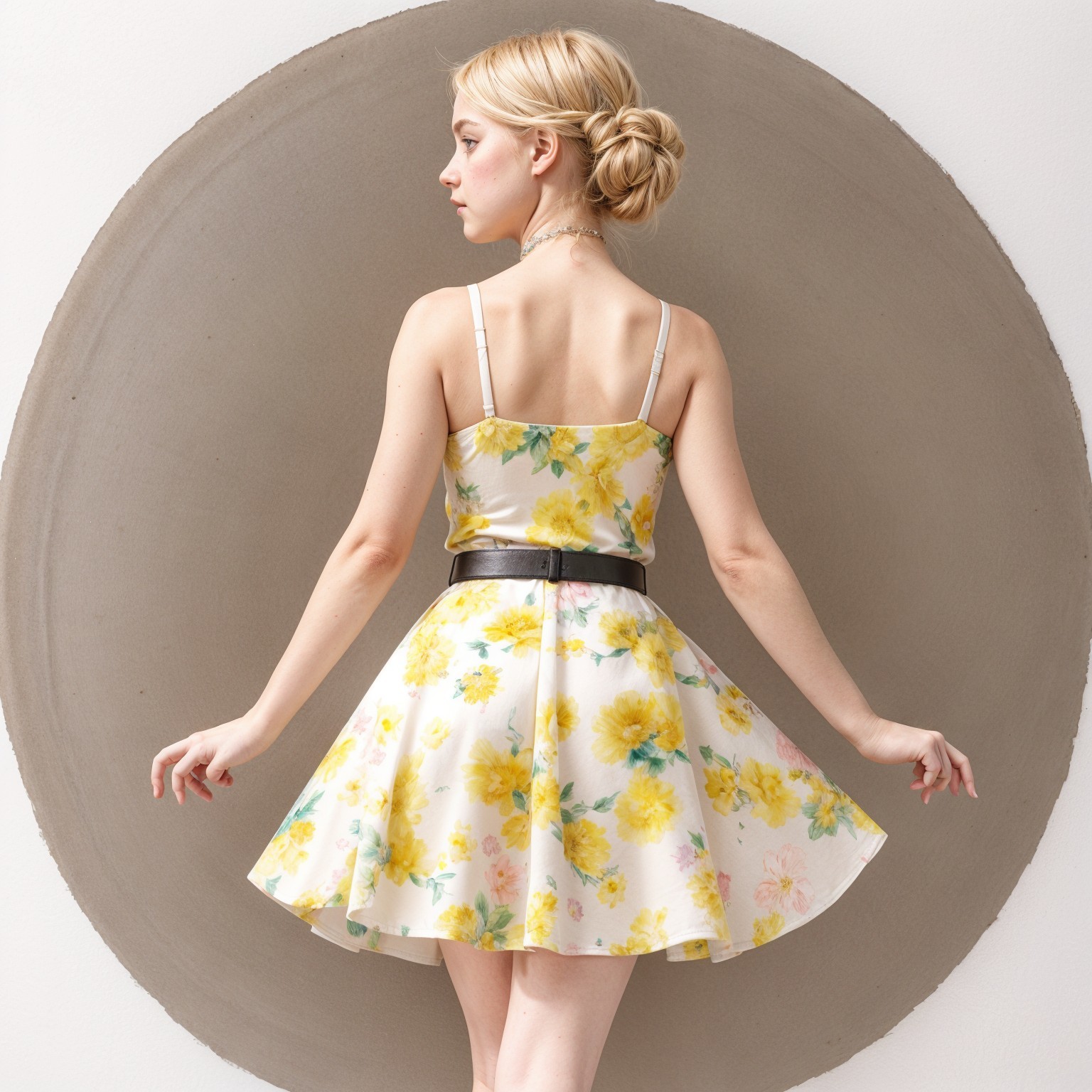 Young woman in floral dress with modern backdrop