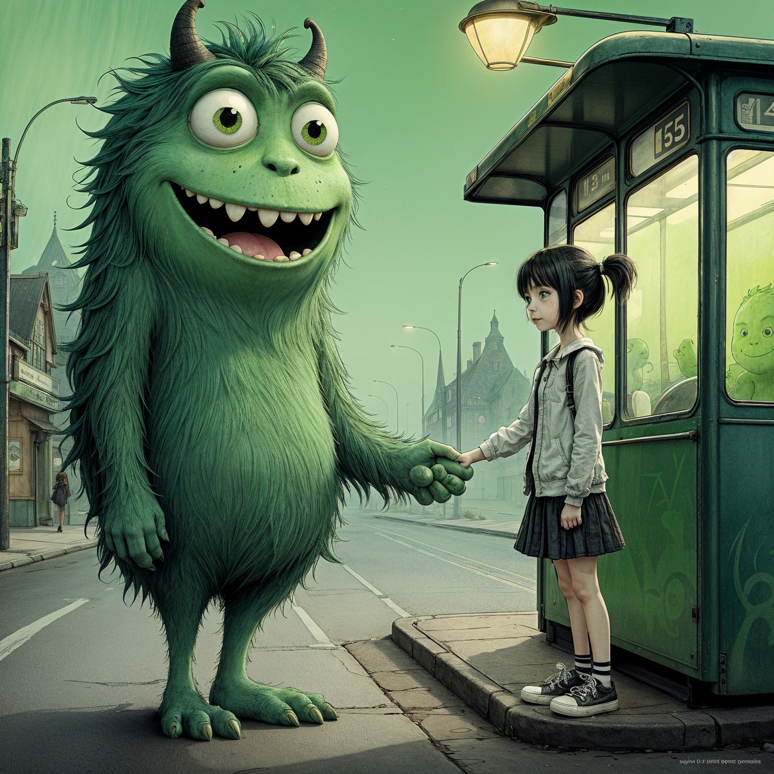 Whimsical Urban Scene with Friendly Monster and Girl