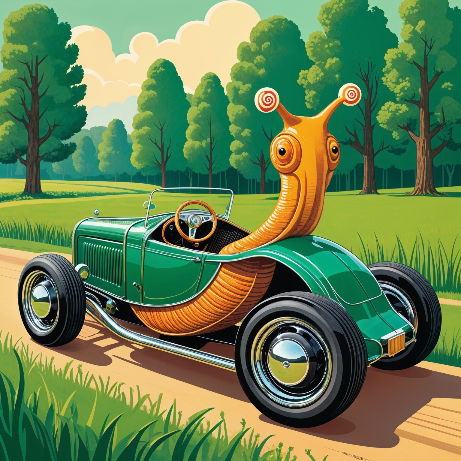 Cartoon Snail in Vintage Race Car on Grassy Path
