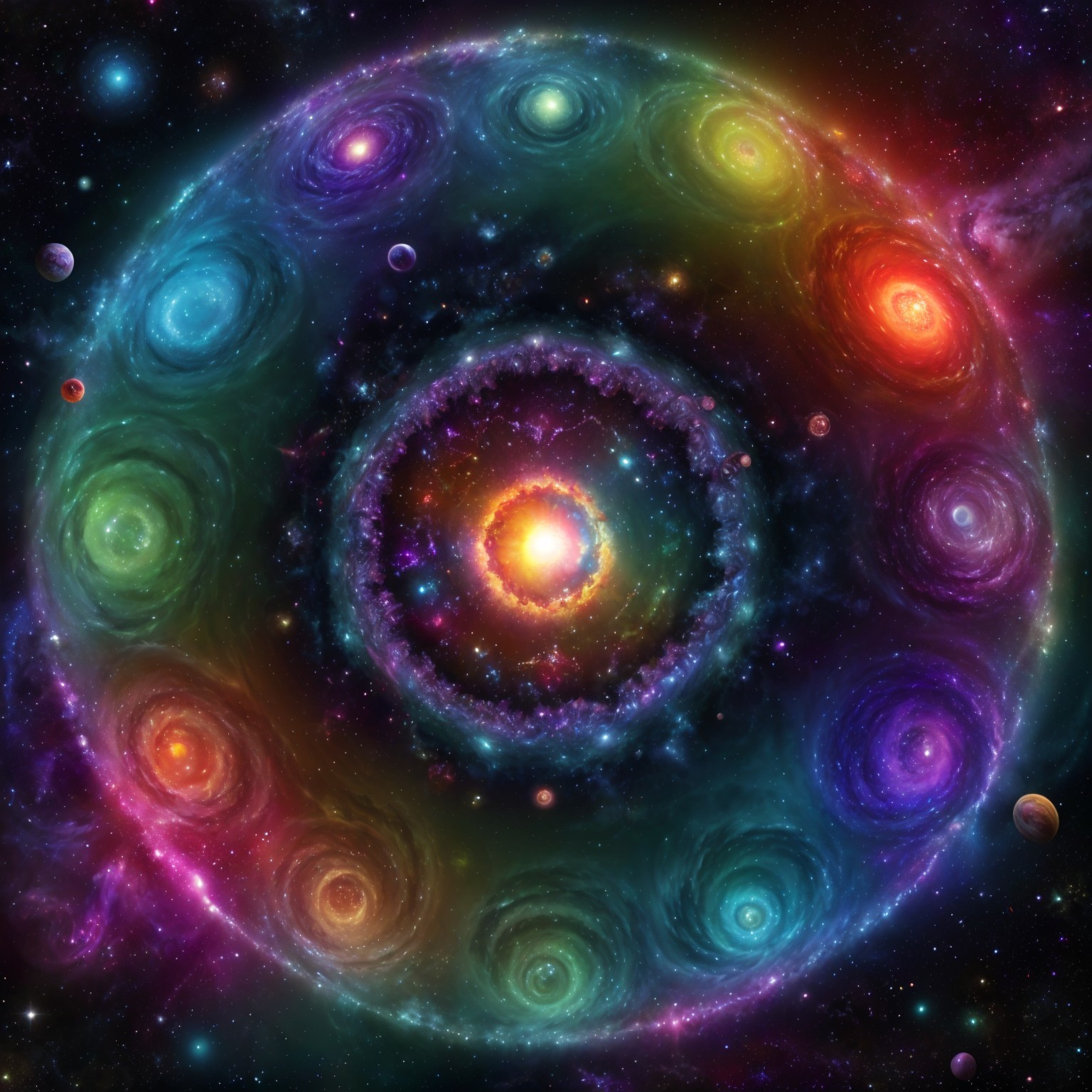 Vibrant Cosmic Scene of Swirling Colorful Galaxies